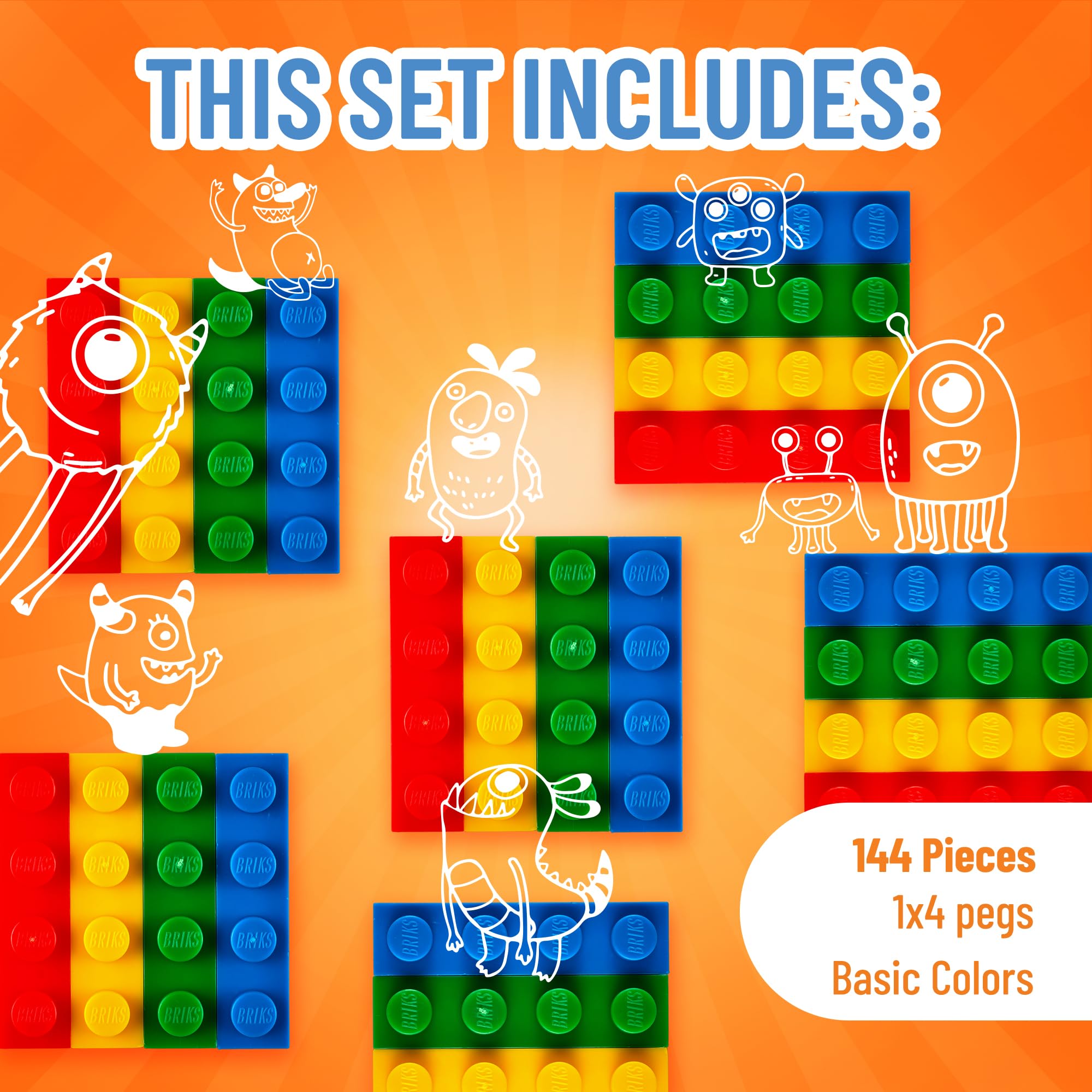 Strictly Briks Lego-Compatible Building Blocks Starter Kit - 144 Pieces in Blue, Green, Red & Yellow (1x4 Inches) | Creative Construction Toy for Kids Ages 3+ | Perfect for STEM Learning, Birthday Gifts & Family Playtime