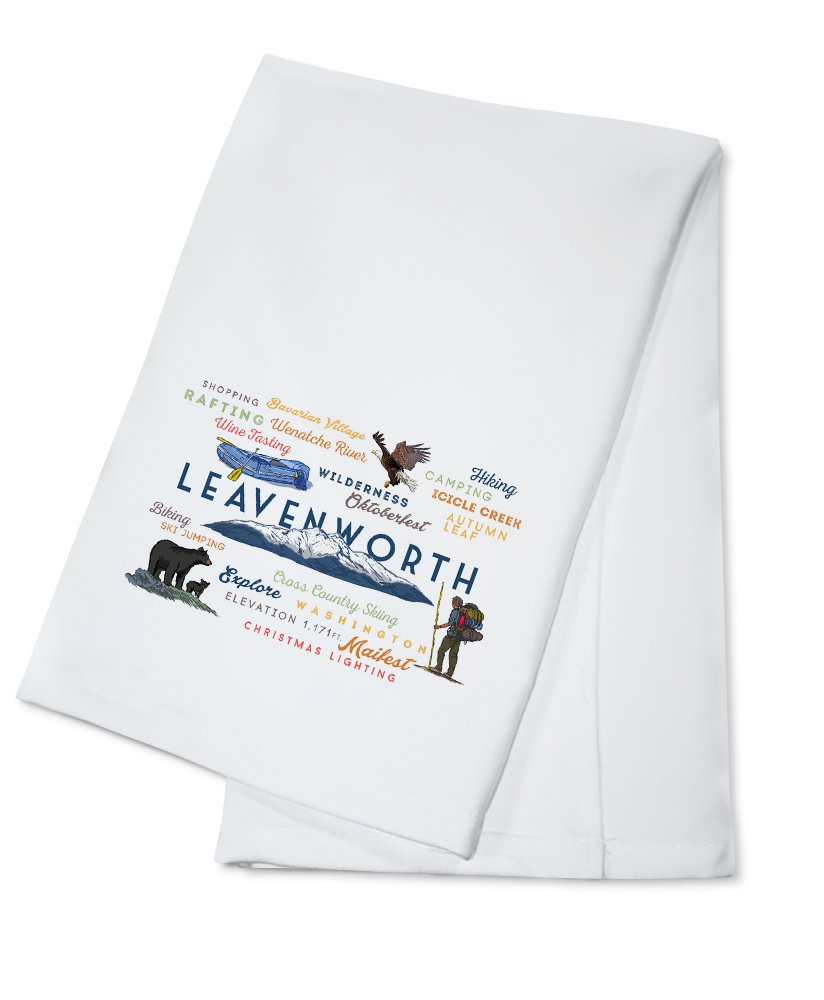 Leavenworth Washington Typography & Icons Cotton Tea Towel - 100% Cotton Decorative Hand Towel for Kitchen, Home Decor & Gift - Perfect for Dish Drying, Farmhouse Decor & Housewarming Gifts
