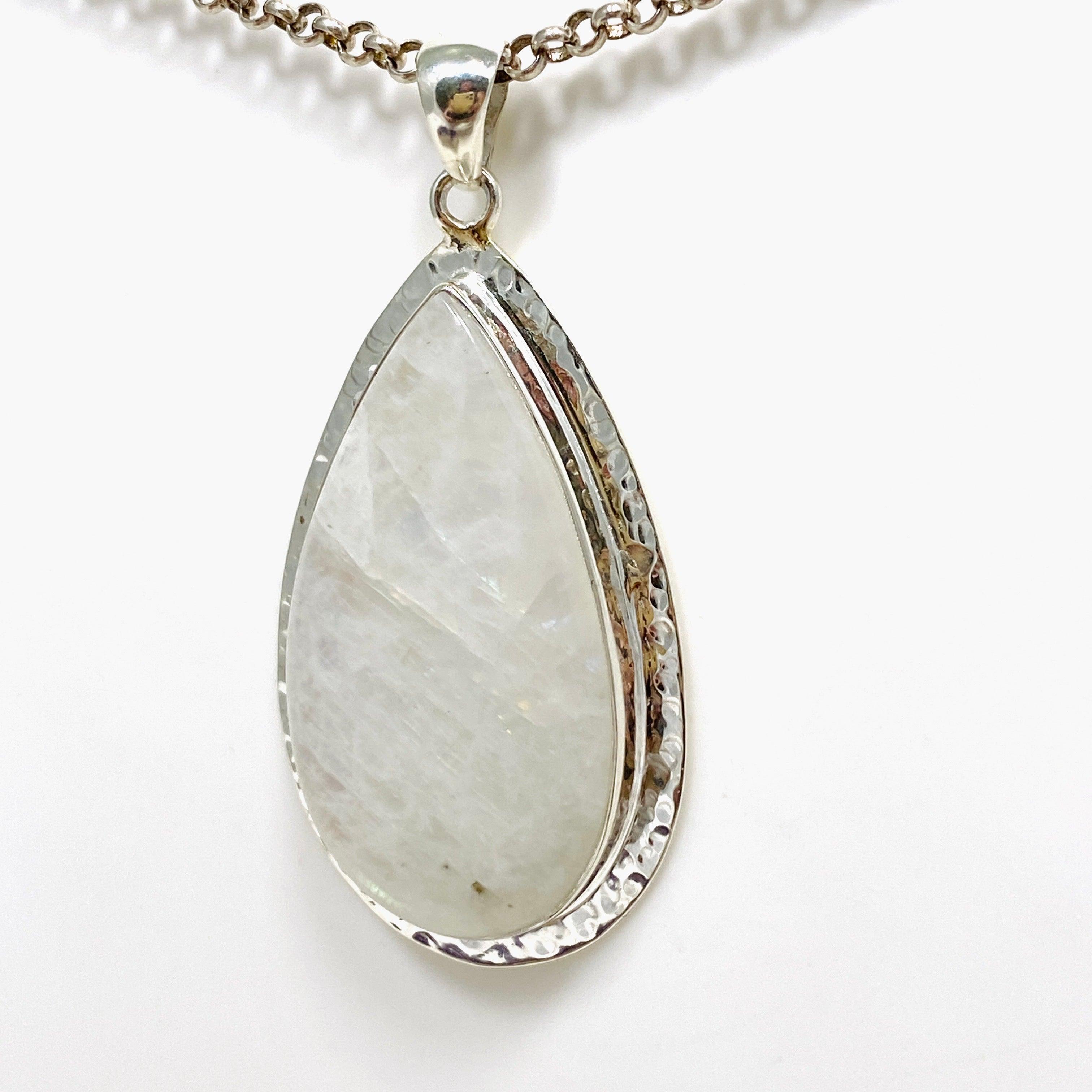 Moonstone Teardrop Pendant Necklace with Hammered Silver Detailing - Elegant Boho Jewelry for Women, Perfect for Weddings & Special Occasions | KPGJ4251