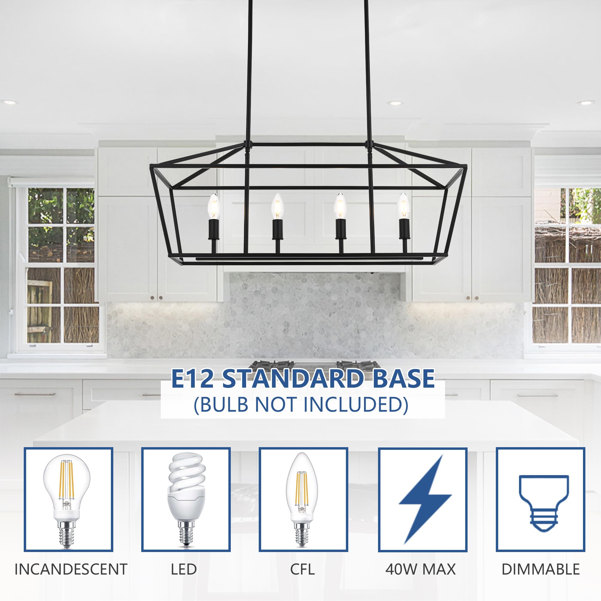 4-Light Modern Black Chandelier - Hanging Ceiling Light Fixture for Dining Room, Bedroom & Kitchen Island - Elegant Pendant Lighting for Home Decor