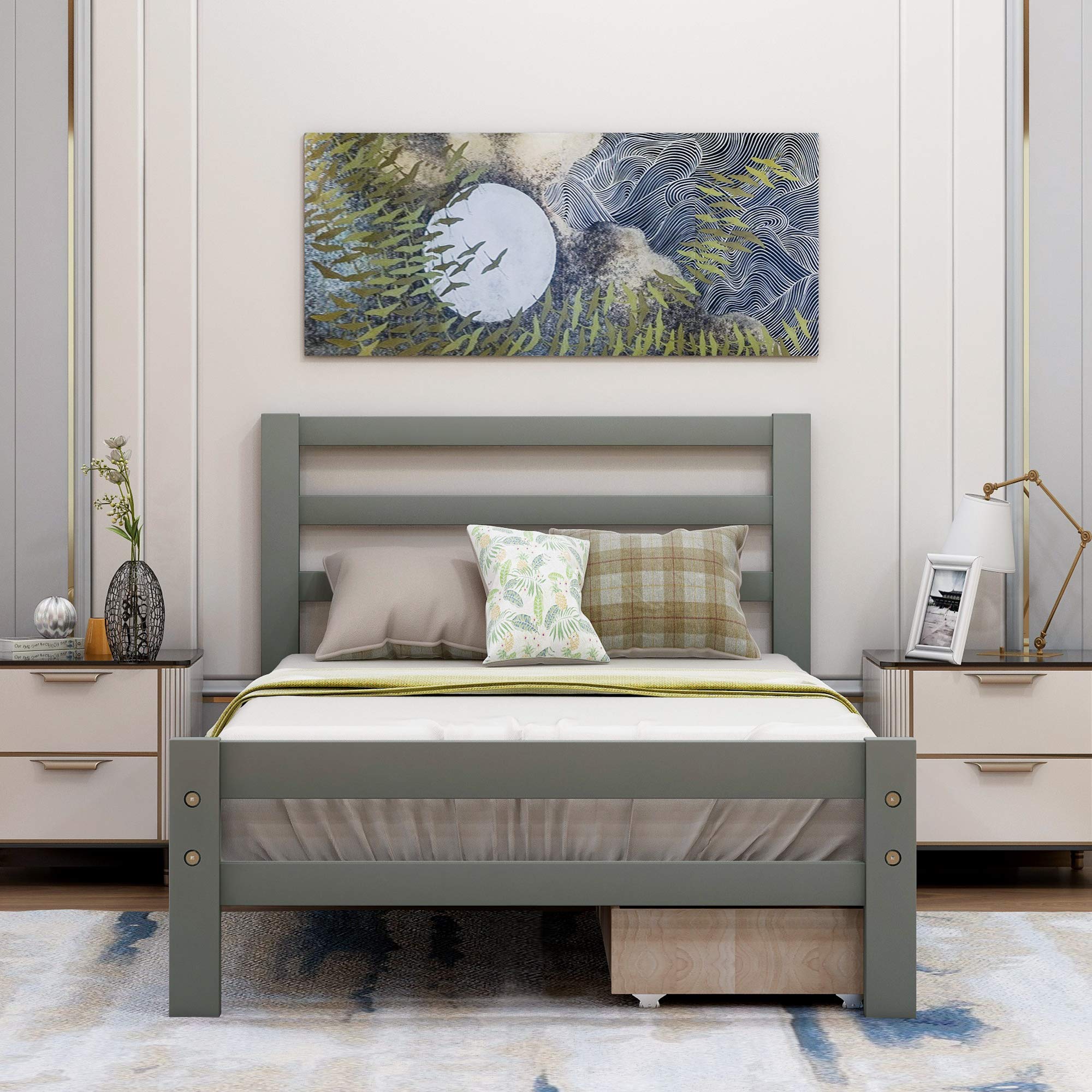 Solid Wood Twin Bed Frame with Headboard & Footboard - 2 Storage Drawers, No Box Spring Needed - Easy Assembly Platform Bed for Small Spaces (Gray) - Perfect for Kids Rooms, Guest Bedrooms & Studio Apartments