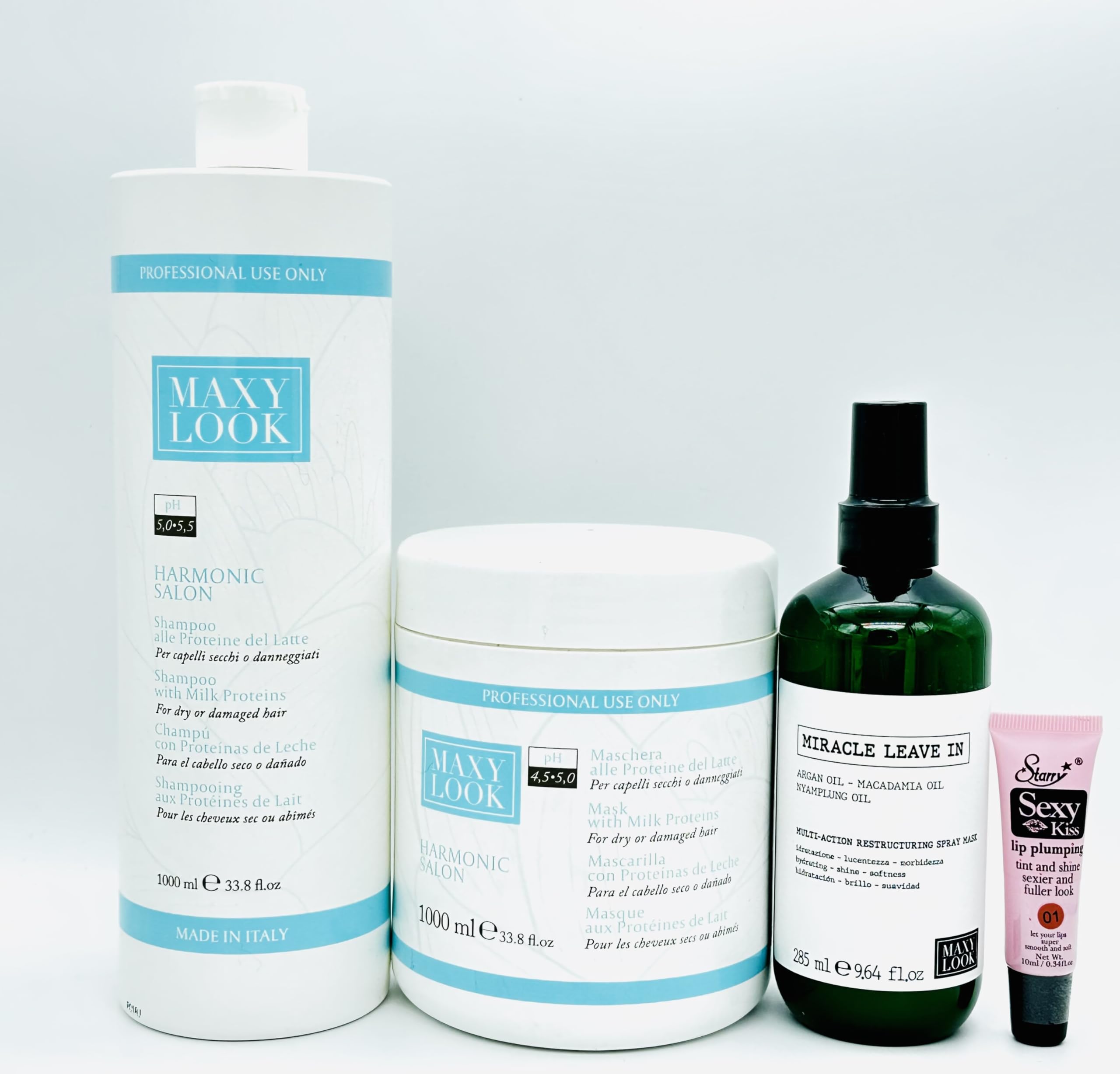Maxima Maxy Look Harmonic Salon Shampoo & Hair Mask with Milk Proteins (1000ml) + Miracle Leave-In Conditioner Spray (115ml) - Free Starry Lip Plumper Gloss | Professional Hair Care Set for Damaged Hair Repair & Hydration | Perfect for Salon-Quality Treatment at Home