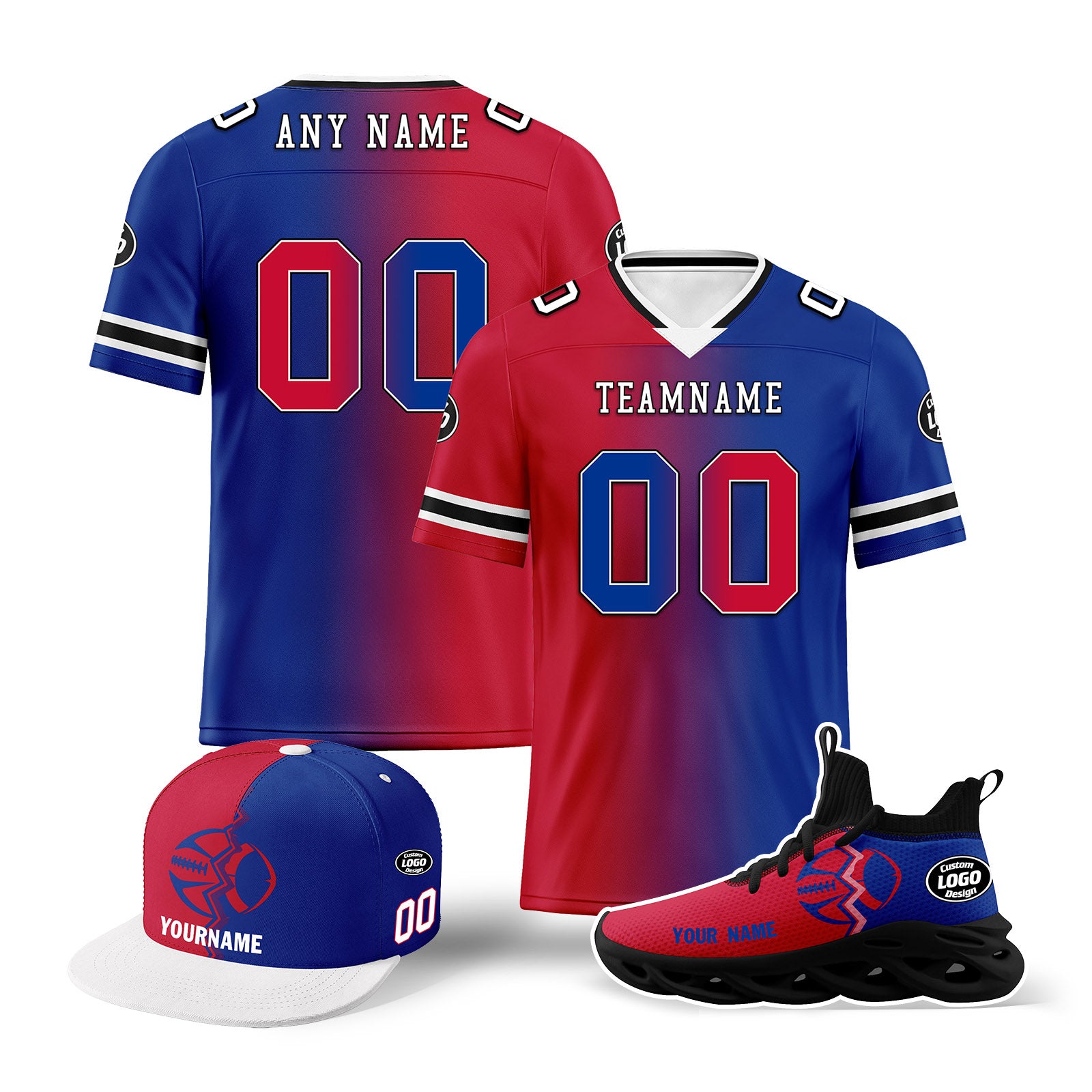 Custom Blue & Red New York Football Jersey with MaxSoul Shoes & Hat Combo - Personalized NFL Fan Gear Set for Men - Perfect for Game Day, Tailgating & Sports Events (D028018)