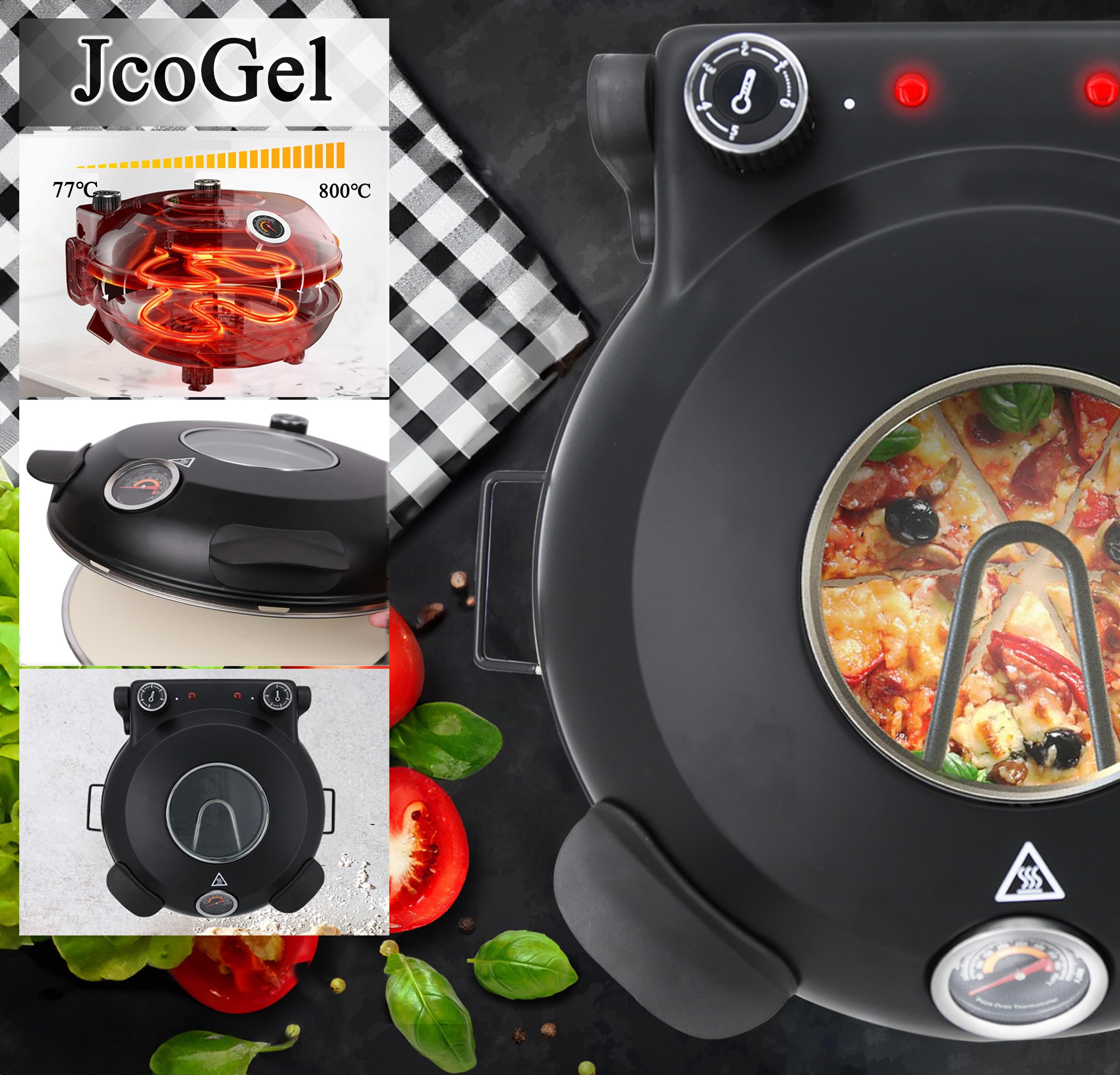 12 Inch Electric Pizza Oven Indoor - 1200W Portable Countertop Pizza Maker with Viewing Window, Heats Up to 800°F - Perfect for Home, Dorm, RV & Small Spaces - Make Restaurant-Quality Pizzas, Flatbreads & More
