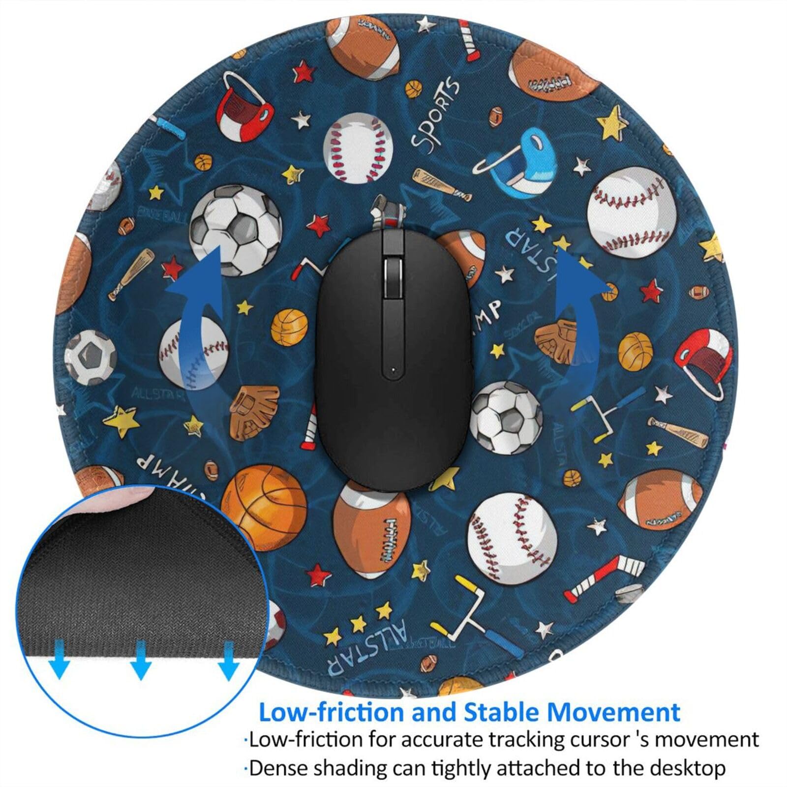 8-Inch Round Smooth Surface Mouse Pad for Baseball Basketball Football Hockey Fans - Perfect for Office, Home, and Gaming Setup - Non-Slip Computer Mousepad for PC & Laptop