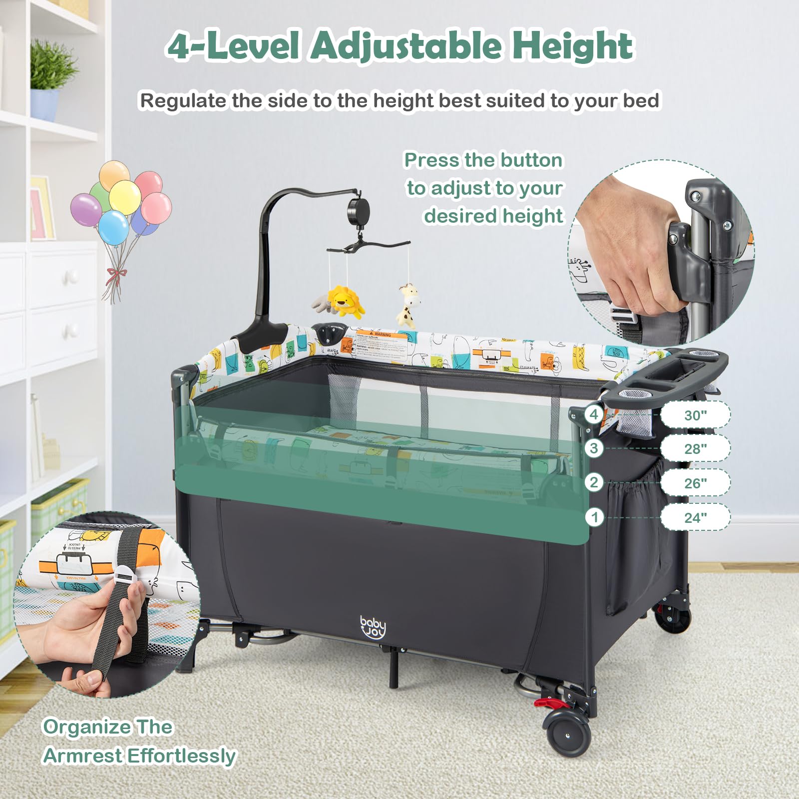 BABY JOY 5-in-1 Pack and Play with Bassinet | Portable Baby Bedside Sleeper & Playard for Newborn to Toddler | U-Shaped Diaper Changer, Safety Strap, Music Box & Hanging Toys | Perfect for Nursery, Travel & On-the-Go Parenting
