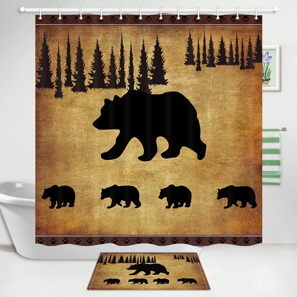 JAWO Black Bear Shower Curtain and Bath Mat Set - Rustic Cabin Decor with Animal Print, 69x70 Inch Fabric Shower Curtain & Bathroom Rug - Perfect for Cabin, Lodge, or Nature-Themed Bathroom Decor