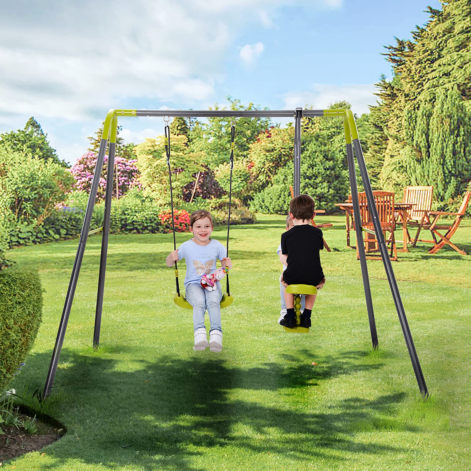 2 in 1 Metal Swing Set for Backyard - Adjustable Height Outdoor Playset with Seat Swing & Glider for Kids - Perfect for Garden, Courtyard & Outdoor Play Areas (Durable & Safe for Children)