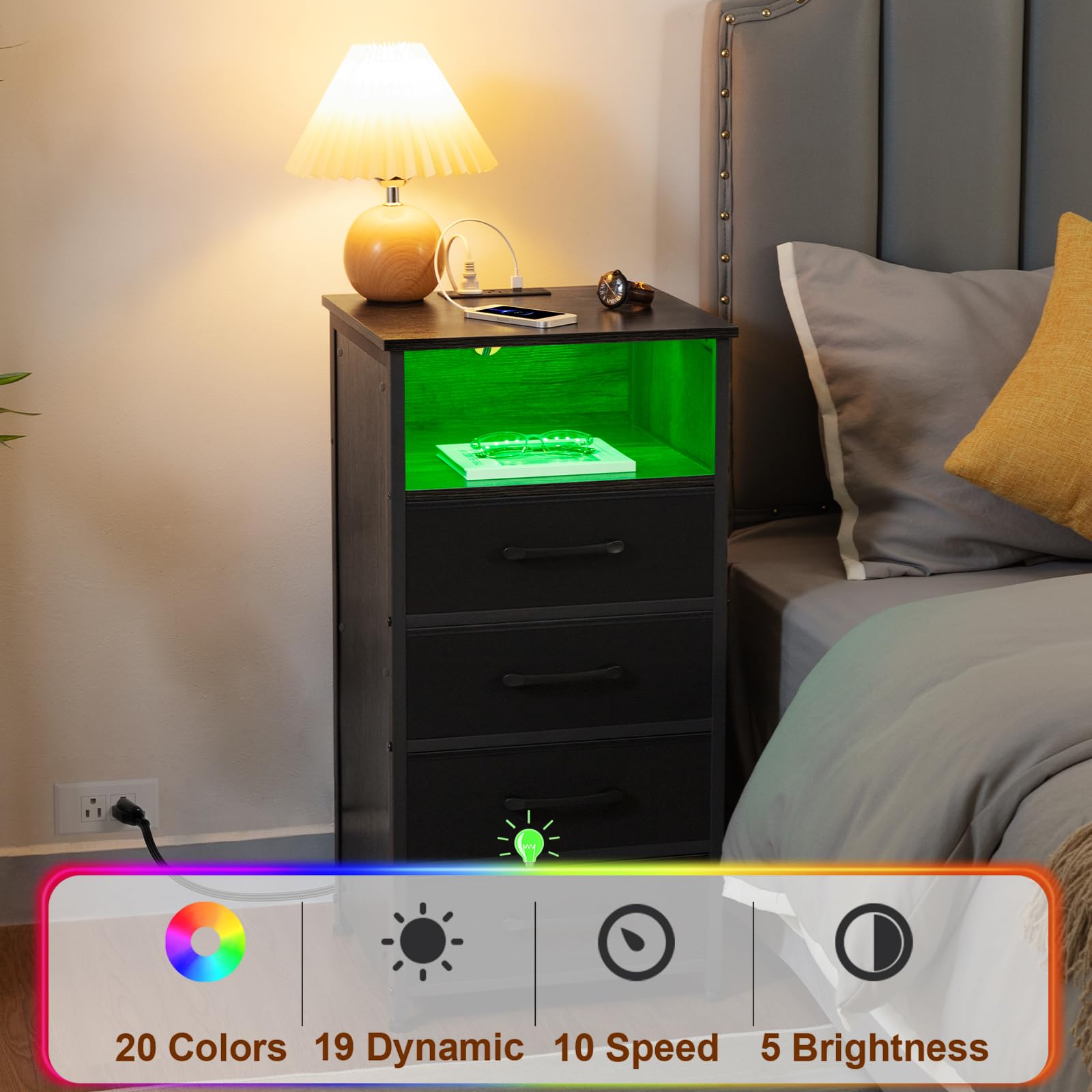 Modern Night Stand Set of 2 with USB Charging Station & LED Lights - Tall Bedside Tables with 4 Drawers & Storage Bins - Black Bedroom Dresser with Outlets (HNS034BK) - Perfect for Small Spaces, Guest Rooms & Apartment Bedrooms