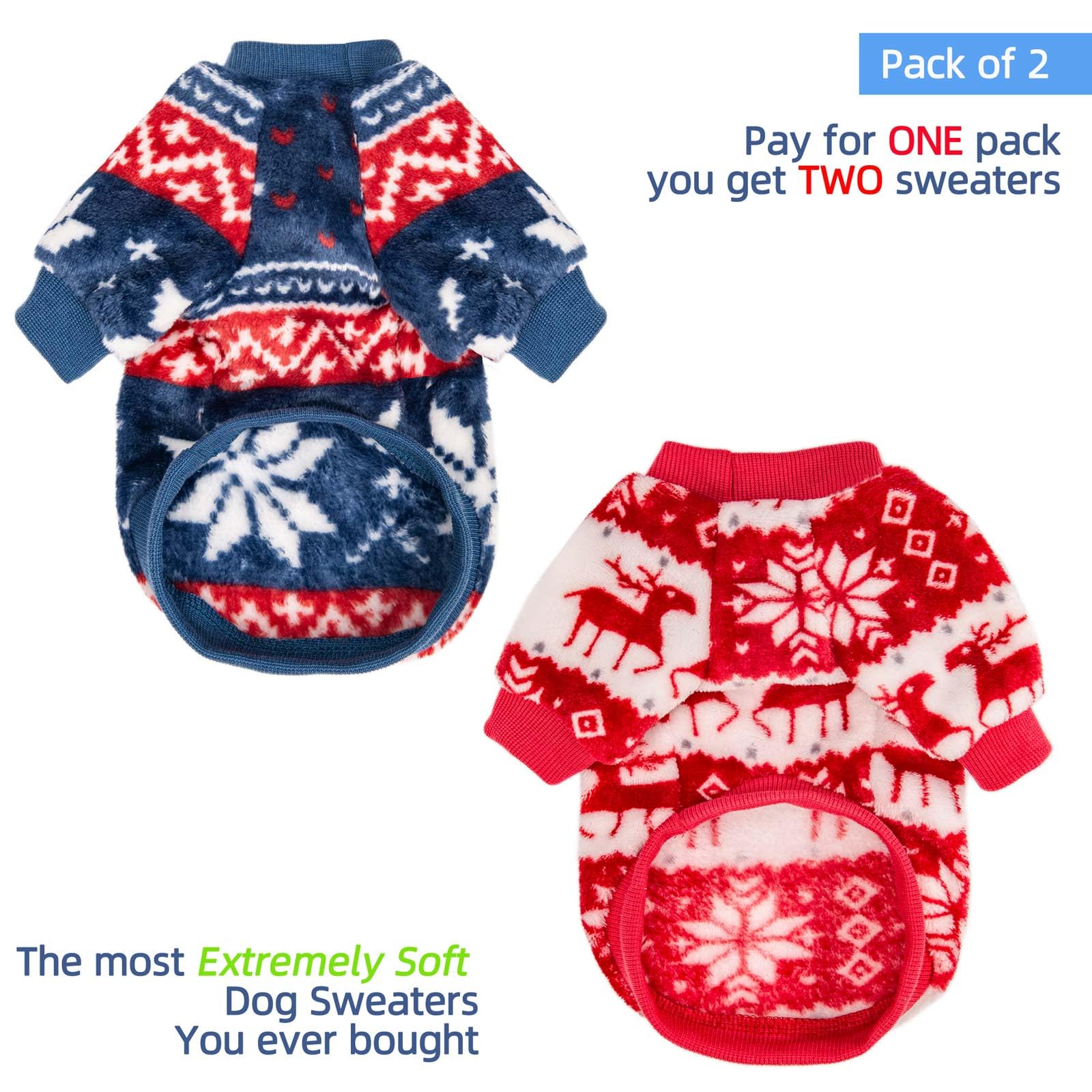 FabriCastle Dog Sweater Set - 2 or 3 Pack Ultra Soft & Warm Pet Clothes for Small/Medium Dogs - Cozy Winter Coat for Puppies (Red & Blue, Small) - Perfect for Indoor Comfort & Outdoor Walks