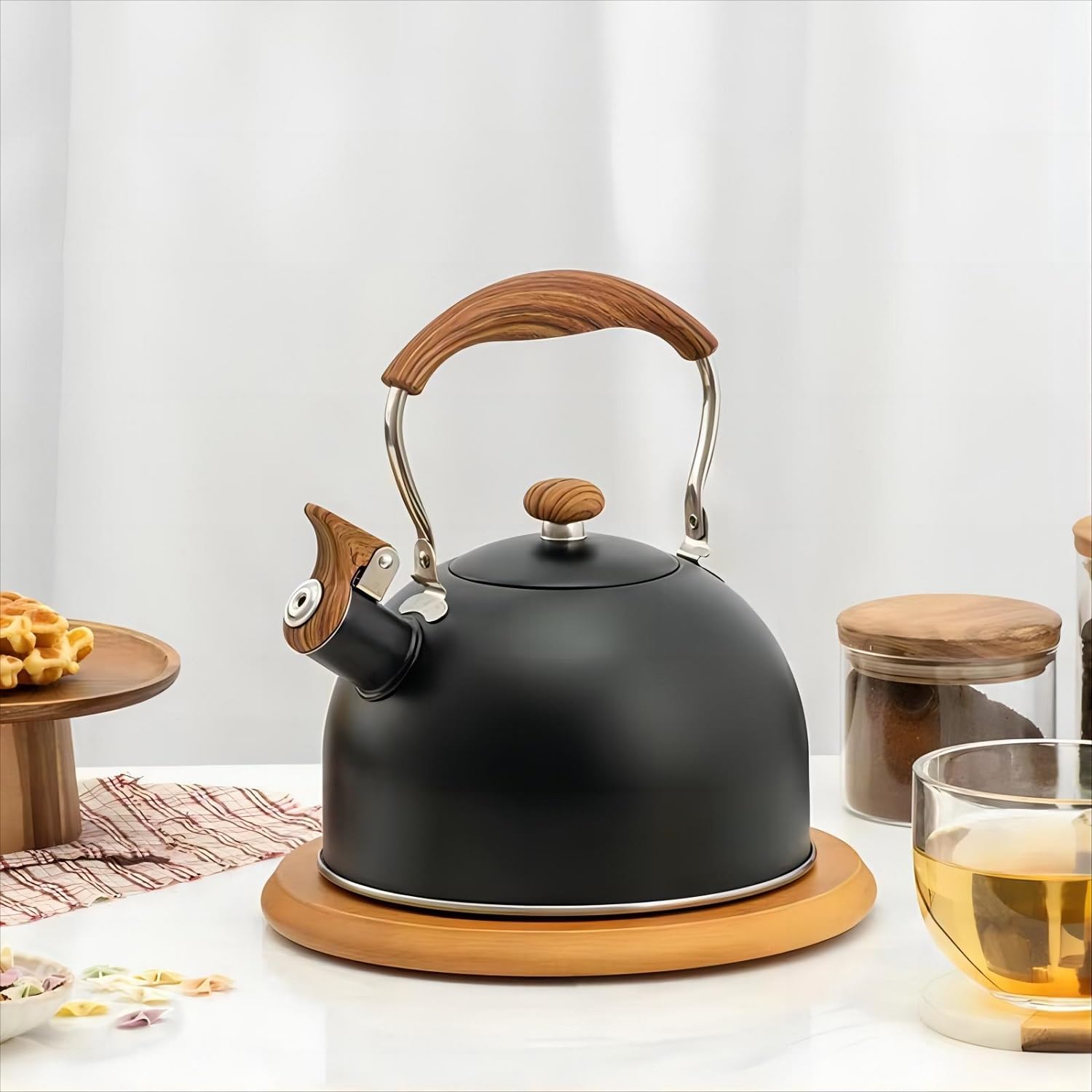 2.5 Quart Stainless Steel Whistling Tea Kettle for Stovetop - Matte Black Wood Handle, Food Grade Safe for Gas, Electric & Induction Cooktops - Perfect for Home, Office & Tea Ceremonies