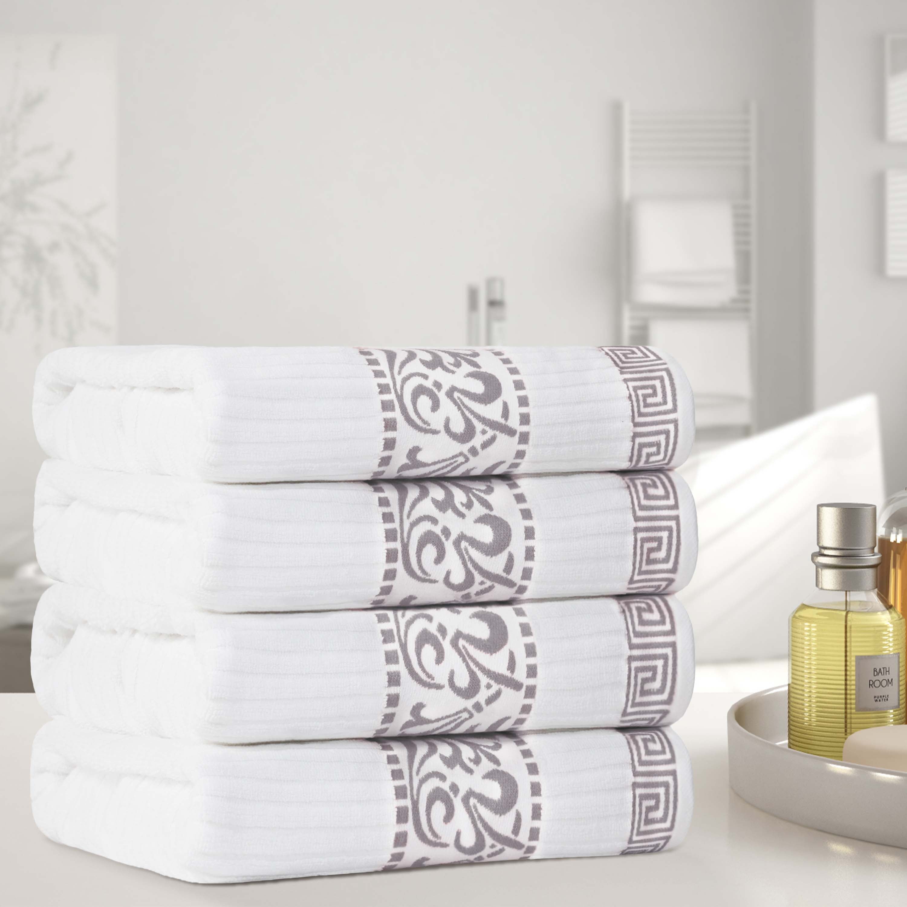 Premium Athens Cotton Greek Scroll & Floral 4-Piece Bath Towel Set - Soft & Absorbent for Spa, Bathroom & Guest Room Decor