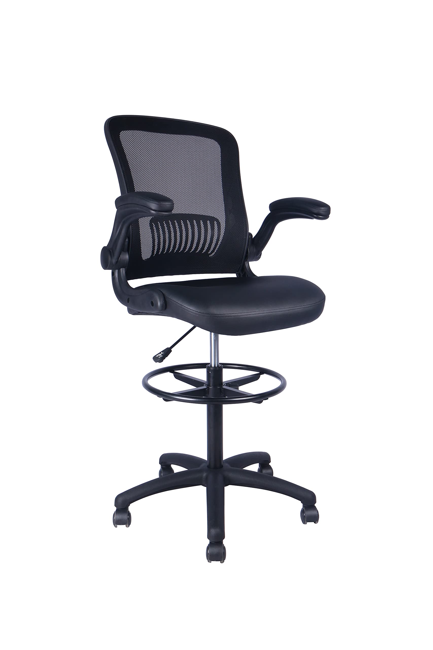 Ergonomic Mid-Back Black Mesh Drafting Chair with Flip-Up Arms, PU Seat & Smooth-Rolling Casters - Perfect for Architects, Designers & Home Office Workspaces