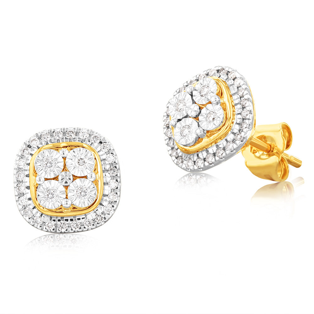 9ct Yellow Gold 1/5 Carat Diamond Stud Earrings with 56 Brilliant Cut Diamonds - Elegant Jewelry for Women, Perfect for Weddings, Anniversaries & Special Occasions