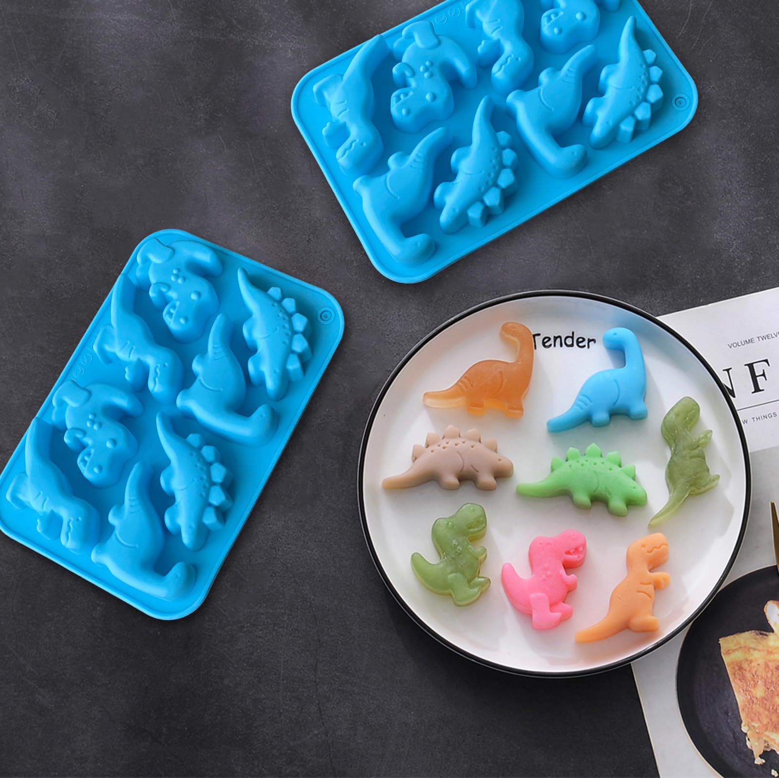 2 Pack Blue Silicone Dinosaur Molds - 3D Dinosaur Jello, Chocolate, Candy, Cookie & Soap Molds for Baking, Crayons, Desserts, Cupcake Toppers & Cake Decorations - Perfect for Kids Birthday Parties, DIY Crafts & Holiday Treats