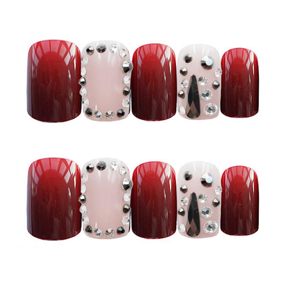 Aimimier 24Pcs Short Square False Nails with Rhinestone Designs - Glue & Sticker Included - Salon Quality Press on Nails for Women & Girls (Style 6) - Perfect for Parties, Weddings & Special Occasions