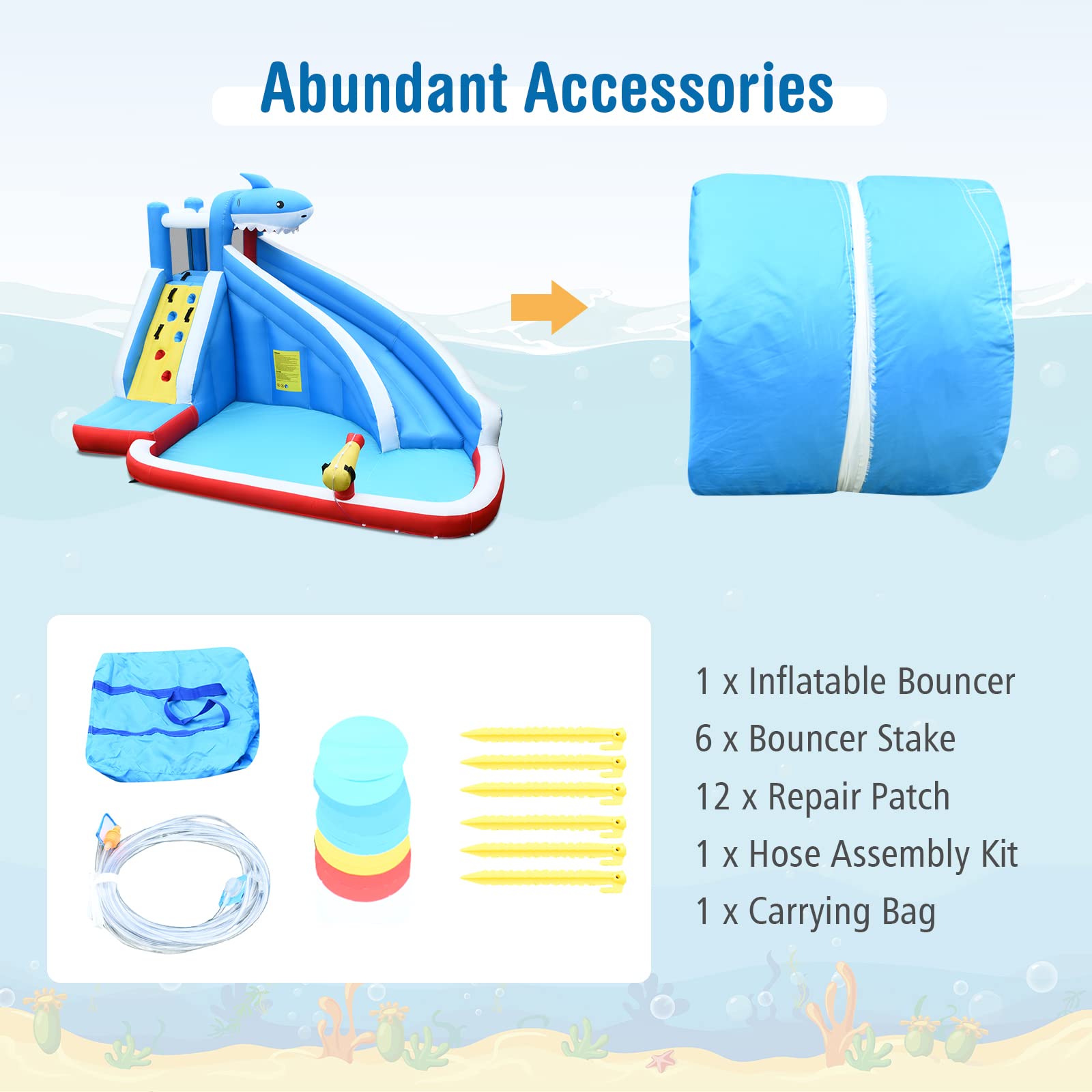 **HONEY JOY Shark Theme Inflatable Water Slide - Backyard Bounce House with Climbing Wall for Kids & Adults, Indoor Outdoor Water Park Fun (Blower Not Included) | Perfect for Summer Parties, Birthdays & Family Gatherings**