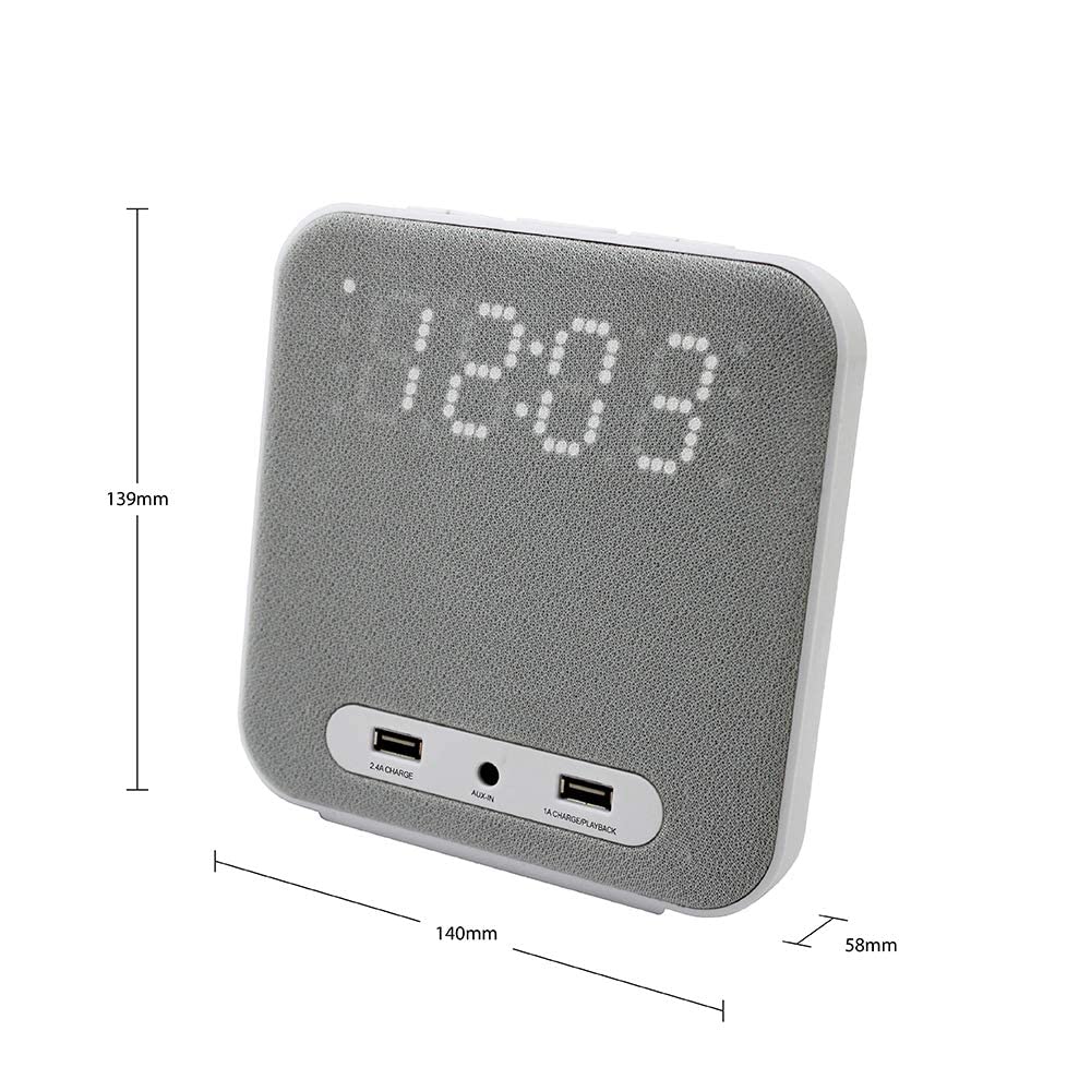 HANNLOMAX HX-145CR Digital Alarm Clock Radio with Dual Alarm, FM Radio, USB Charging Ports (2.4A & 1A), Aux Input - Perfect for Bedroom, Office, and Travel (Grey)