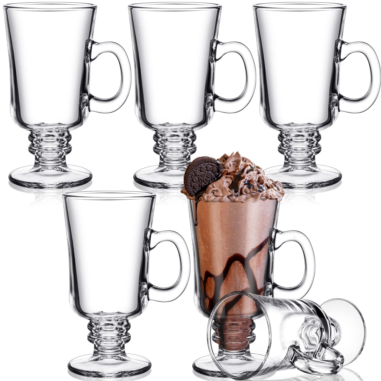 6-Piece Set of 8oz Irish Coffee Mugs - Clear Glass Cups with Handle & High Base - Perfect for Hot & Cold Beverages - Ideal for Coffee, Tea, Latte, and Cocktails at Home or Café
