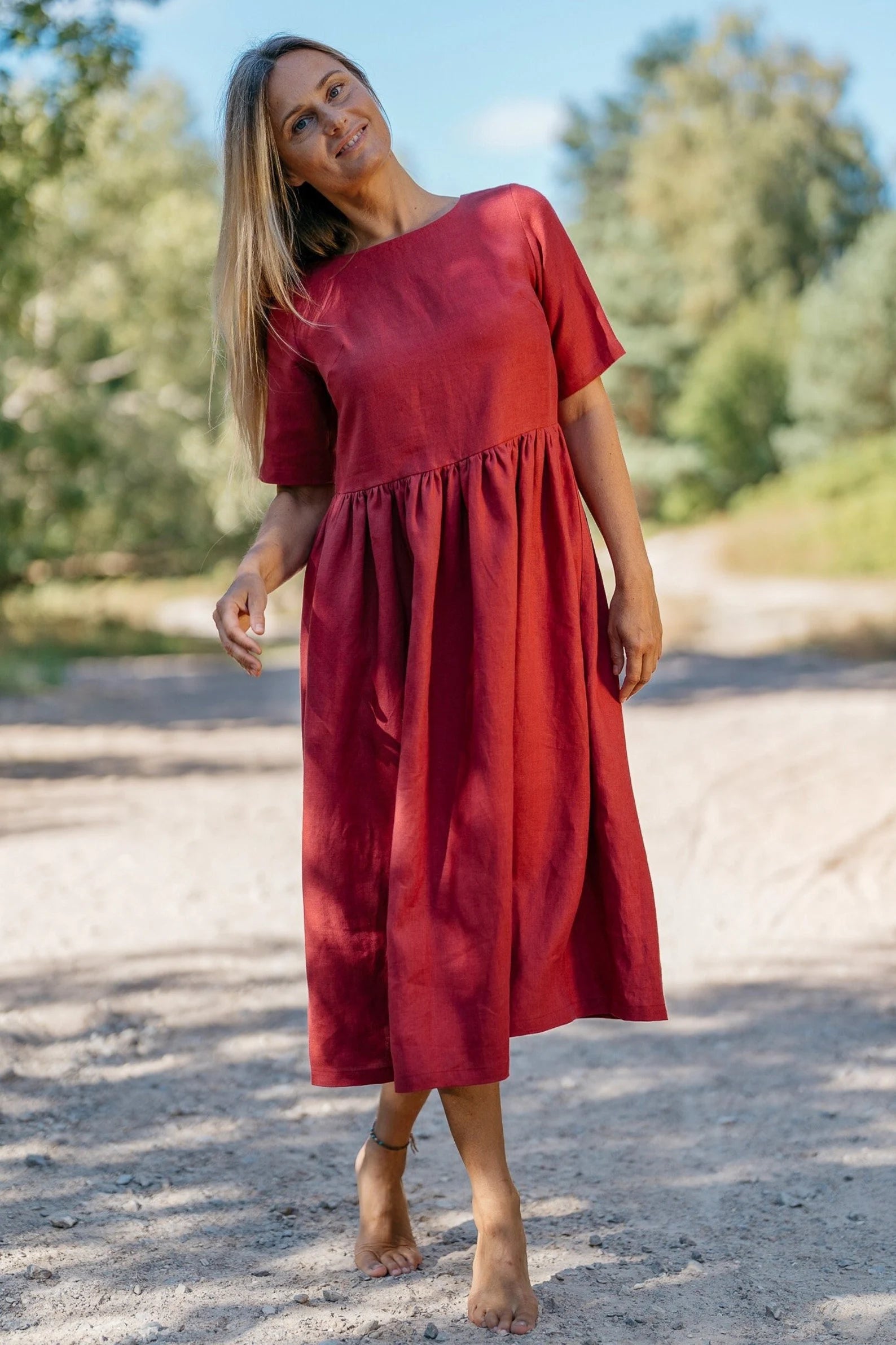 Blue Sky Linen Loose Dress in Raspberry - Comfortable Summer Maxi Dress for Beach, Vacation and Casual Wear