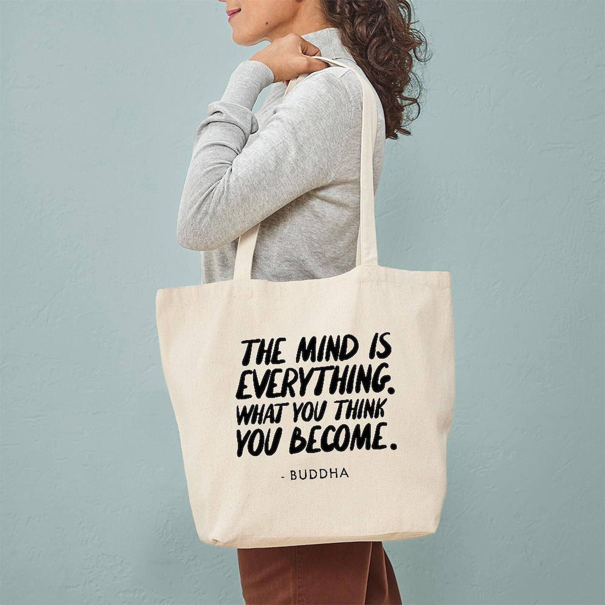 Buddha Quote 'The Mind Is Everything' Tote Bag - Natural Canvas Reusable Shopping Bag for Yoga, Meditation & Eco-Friendly Grocery Shopping