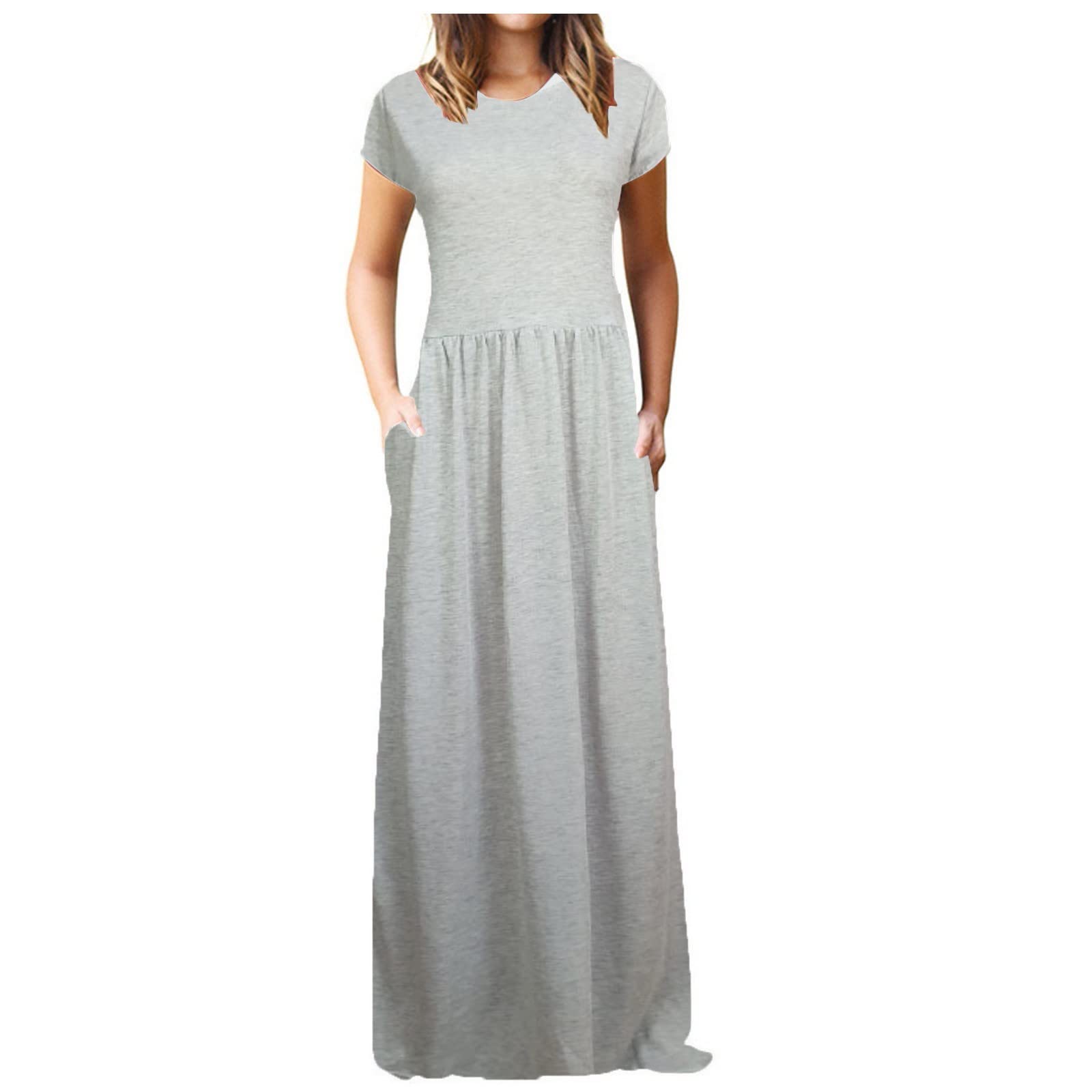 LOOKAA Elegant Women's Party Dress - Vintage Solid Color Short Sleeve Maxi Dress with Pockets | Perfect for Cocktail Parties, Weddings & Special Occasions