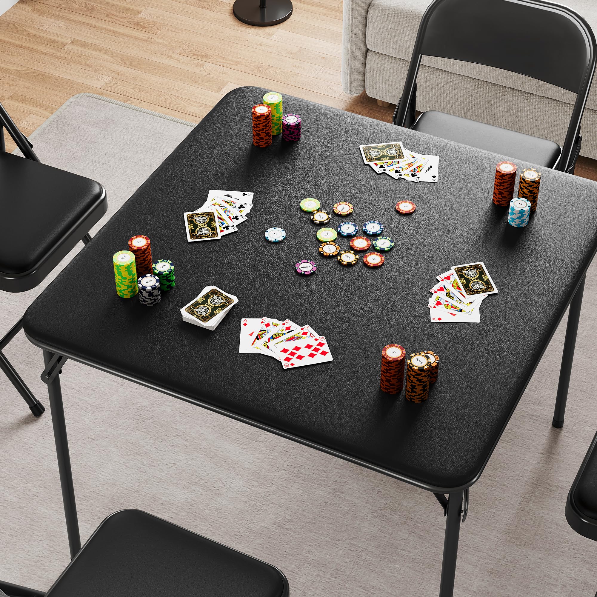Portable Folding Card Table and 4 Chairs Set - PU Upholstered Metal Frame Foldable Dining Furniture for Home, Office, Camping & Outdoor Use - Black (Perfect for Game Nights, BBQs, and Small Space Living)
