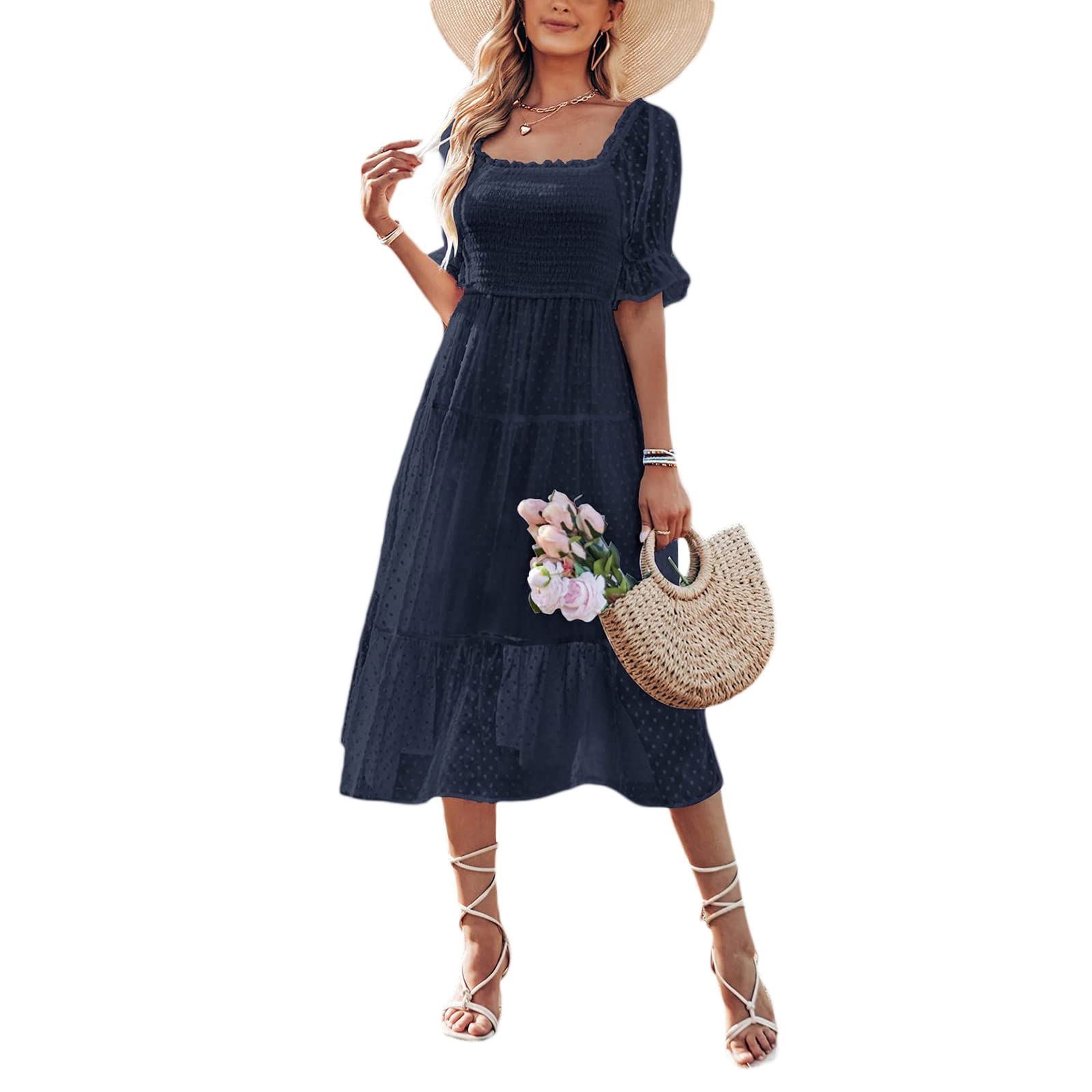Women's Swiss Dot Chiffon Midi Dress - Summer Short Puff Sleeve Square Neck Backless Pleated Long Dress for Beach, Wedding & Party Wear