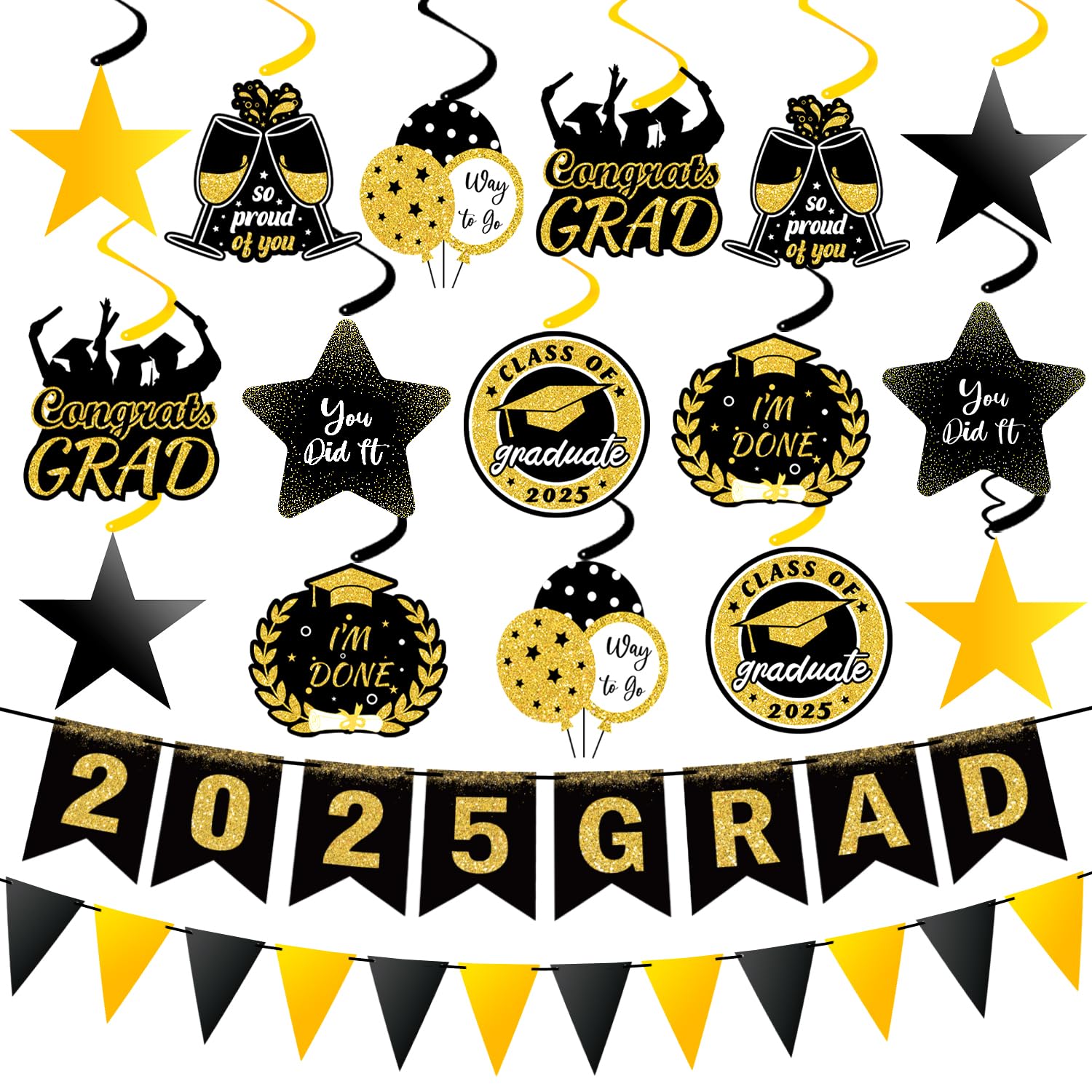 34Pcs Pre-Assembled Graduation Decorations - Hanging Swirls & 2025 GRAD Banner for Graduation Party | Class of 2025 Decor for Classroom, Home & School Celebrations | Perfect for Graduation Ceremonies, Photo Backdrops & Party Decorations