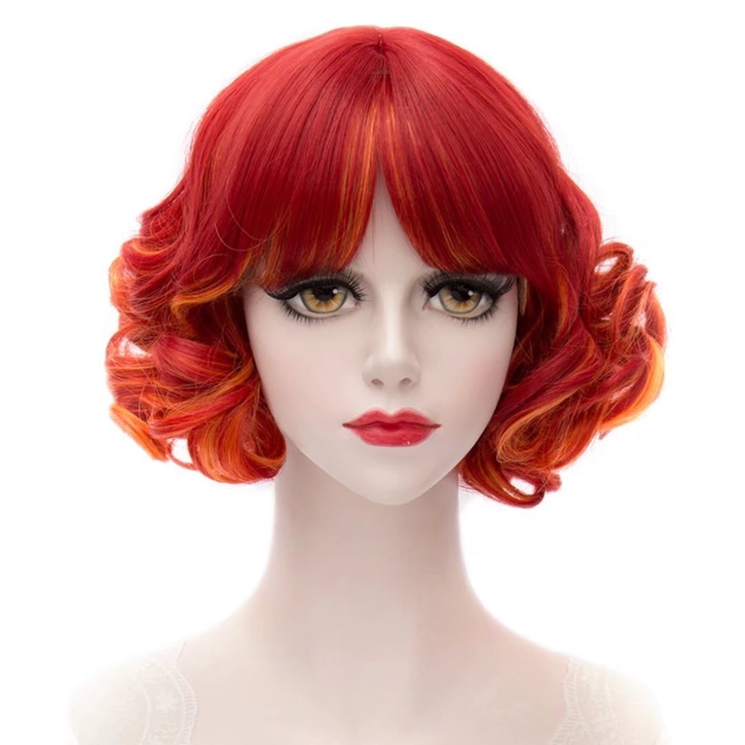 Women's Short Curly Wavy Layered Cosplay Wig - Yellow Rainbow Red Harajuku Style for Halloween Costume & Party | Perfect for Cosplay, Anime Conventions, and Themed Events