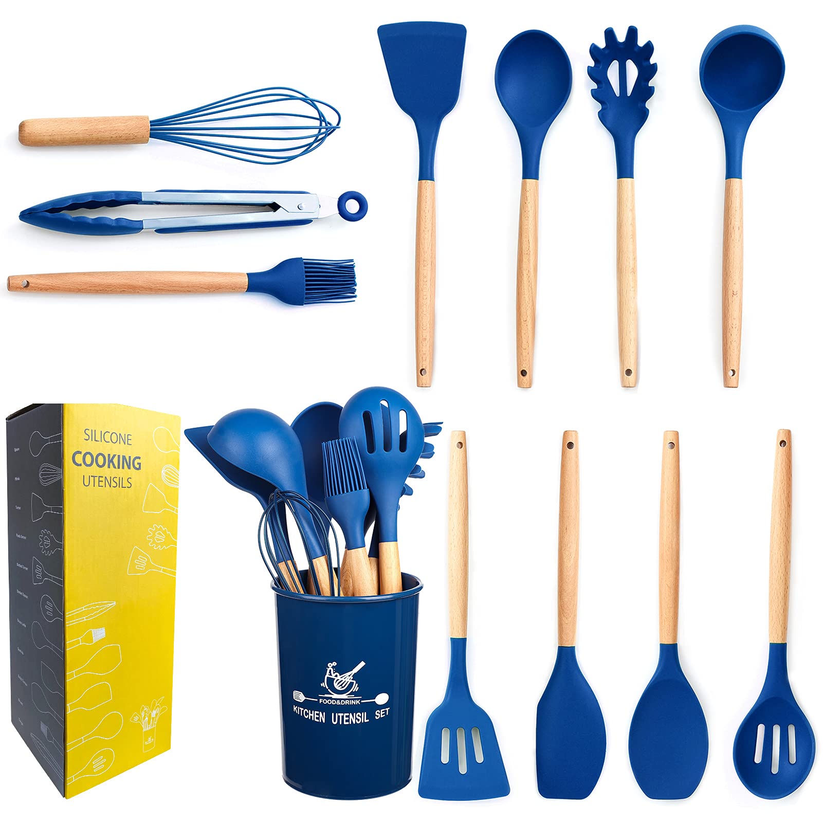 Premium 12-Piece Non-Stick Silicone Cooking Utensil Set with Holder - Heat Resistant Kitchen Tools for Baking, Frying & Sauteing - Dark Blue Kitchen Gadgets for Home Chefs & Cooking Enthusiasts