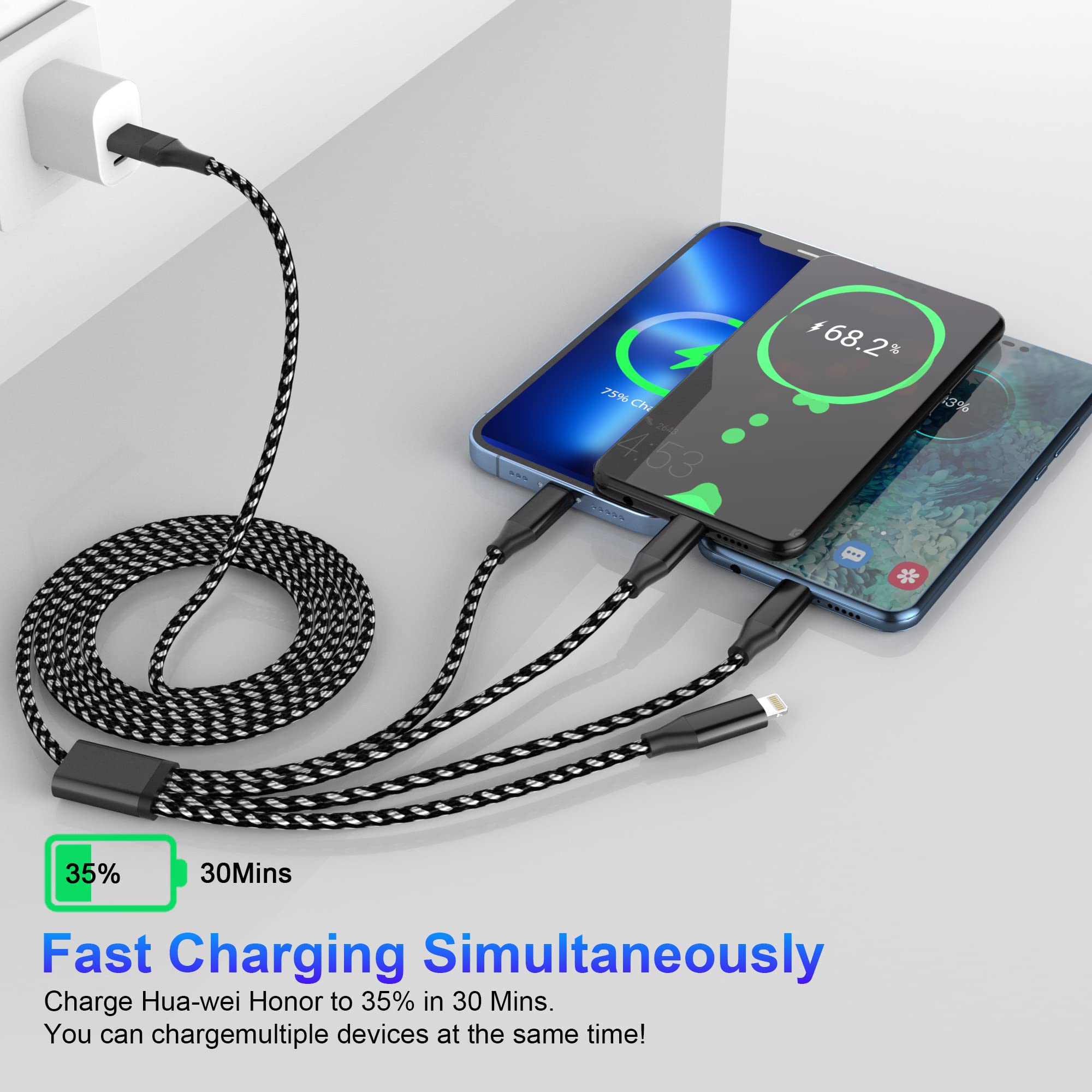 4-in-1 USB C Multi Charger Cable with Fast Charging | 3M/10Ft MFi Certified | USB A/USB C to Micro USB + Type C + 2 Lightning | Universal Charging for iPhone, Android, Tablets | Perfect for Home, Office & Travel