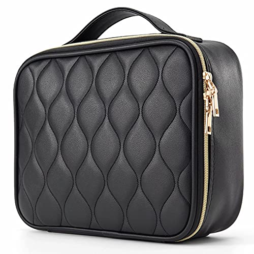 Leather Travel Makeup Bag for Women - Large Cosmetic Organizer for Brushes & Toiletries (Quilted Black) - Perfect for Vacation & Daily Use