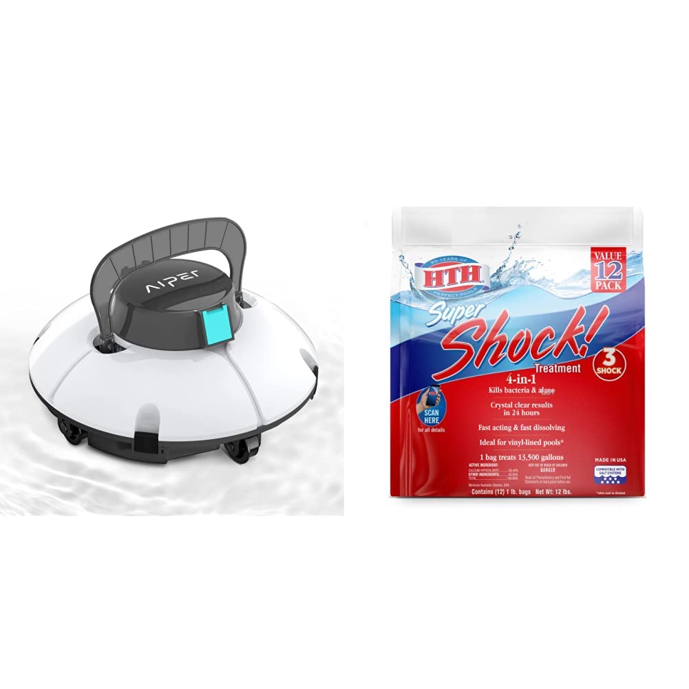 AIPER Cordless Automatic Pool Cleaner - Dual Motor Robotic Pool Vacuum, Lightweight & Efficient for In-Ground & Above Ground Pools | HTH 52026 Super Shock Treatment Swimming Pool Chlorine Cleaner 1 lb (12 Pack) - Fast-Acting Pool Maintenance for Crystal Clear Water