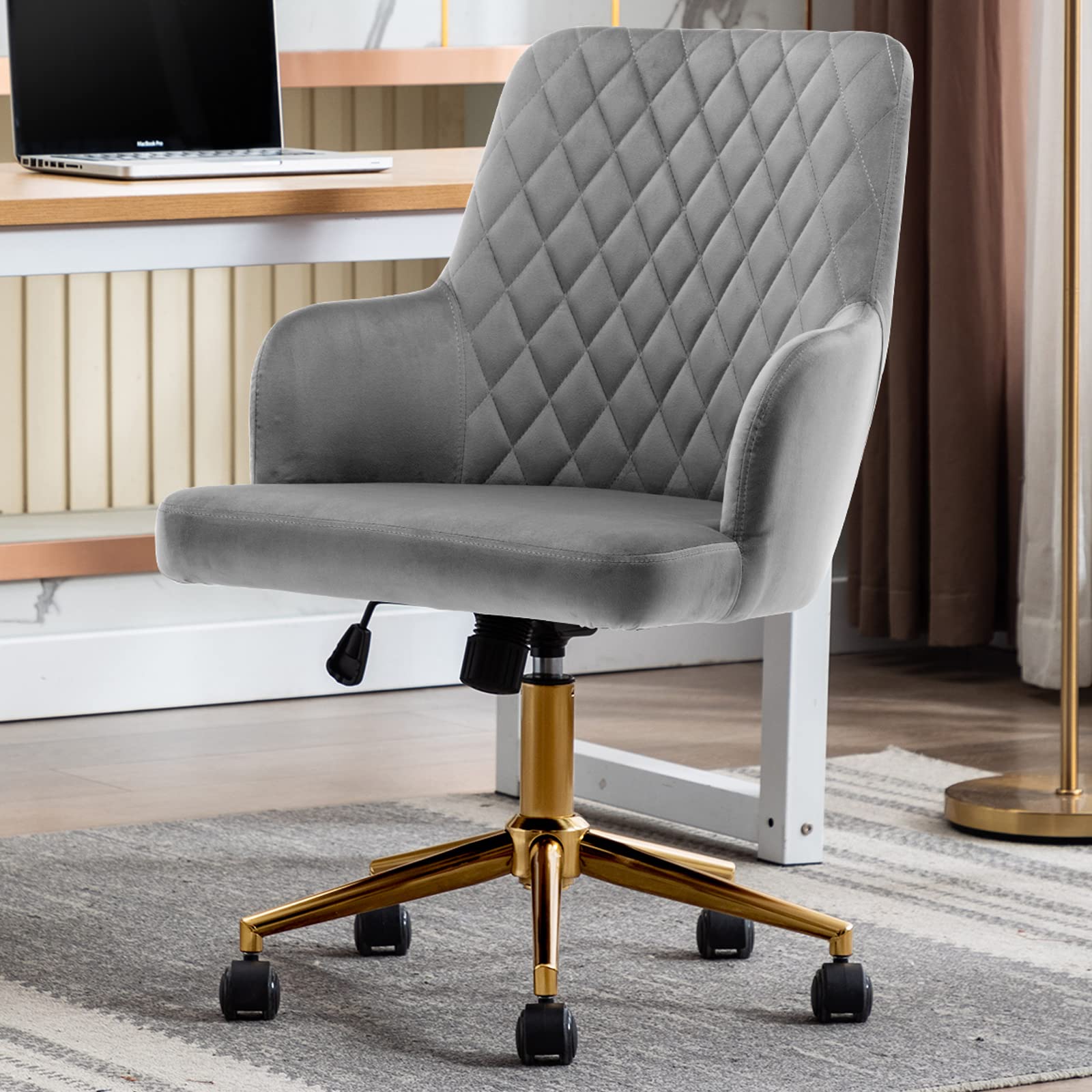 DUHOME Velvet Home Office Chair with Adjustable Arms, Swivel & Wheels - Ergonomic Upholstered Desk Chair for Computer Work, Gaming, Study - Perfect for Office, Living Room & Bedroom - Grey with Golden Base