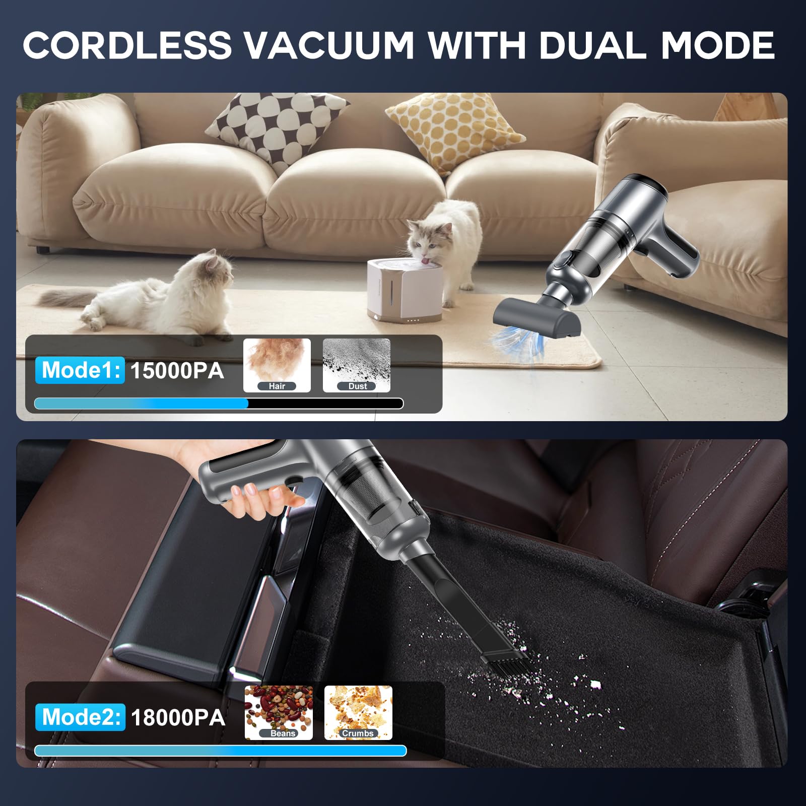 Cordless Handheld Vacuum Cleaner 3-in-1 Portable Car Vacuum with 18000PA Brushless Motor - Rechargeable Multi-Nozzle Mini Vacuum for Home, Office, Computer Keyboard & Car Cleaning