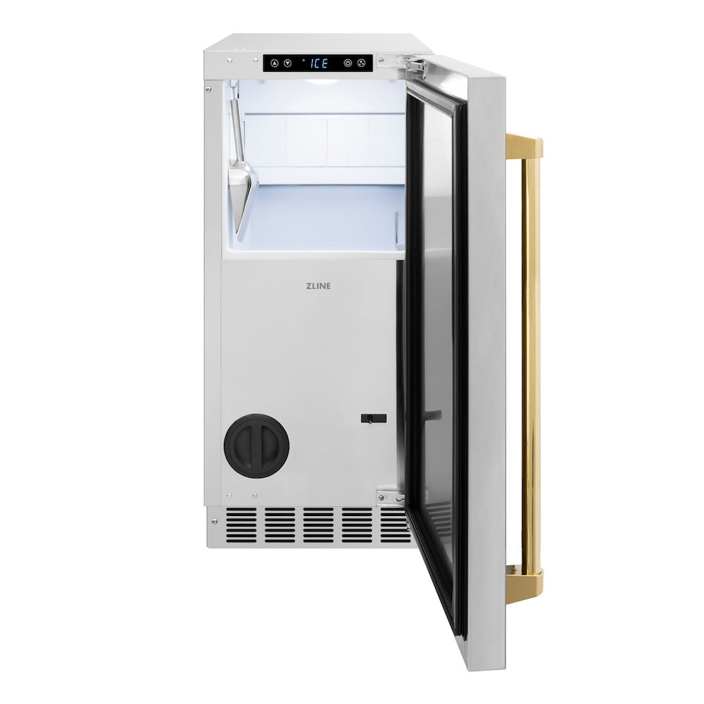 ZLINE Autograph Edition 15 Inch Built-in Ice Maker with Drain Pump - Stainless Steel Door & Polished Gold Handle - Commercial Grade Under Counter Ice Machine for Home Bar, Kitchen, Restaurant & Office Use (IGMDZ ST 15 G)