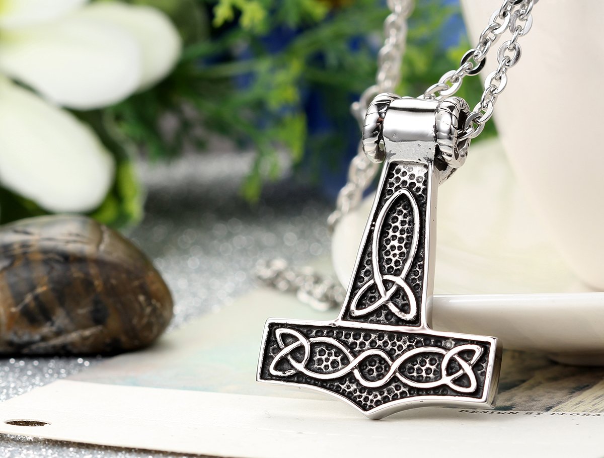 Flongo Men's Biker Stainless Steel Celtic Knot Thor Hammer Silver Wolf Head Pendant Necklace - 22 Inch Chain, Viking Jewelry for Men - Perfect for Motorcycle Riders, Viking Cosplay, and Norse Mythology Enthusiasts