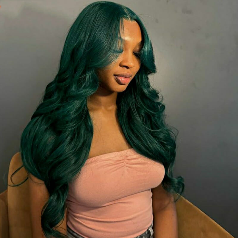 Eullair Dark Green Body Wave Glueless Human Hair Lace Front Wig with Layered Curtain Bangs for Women - Perfect for Cosplay, Parties & Daily Styling