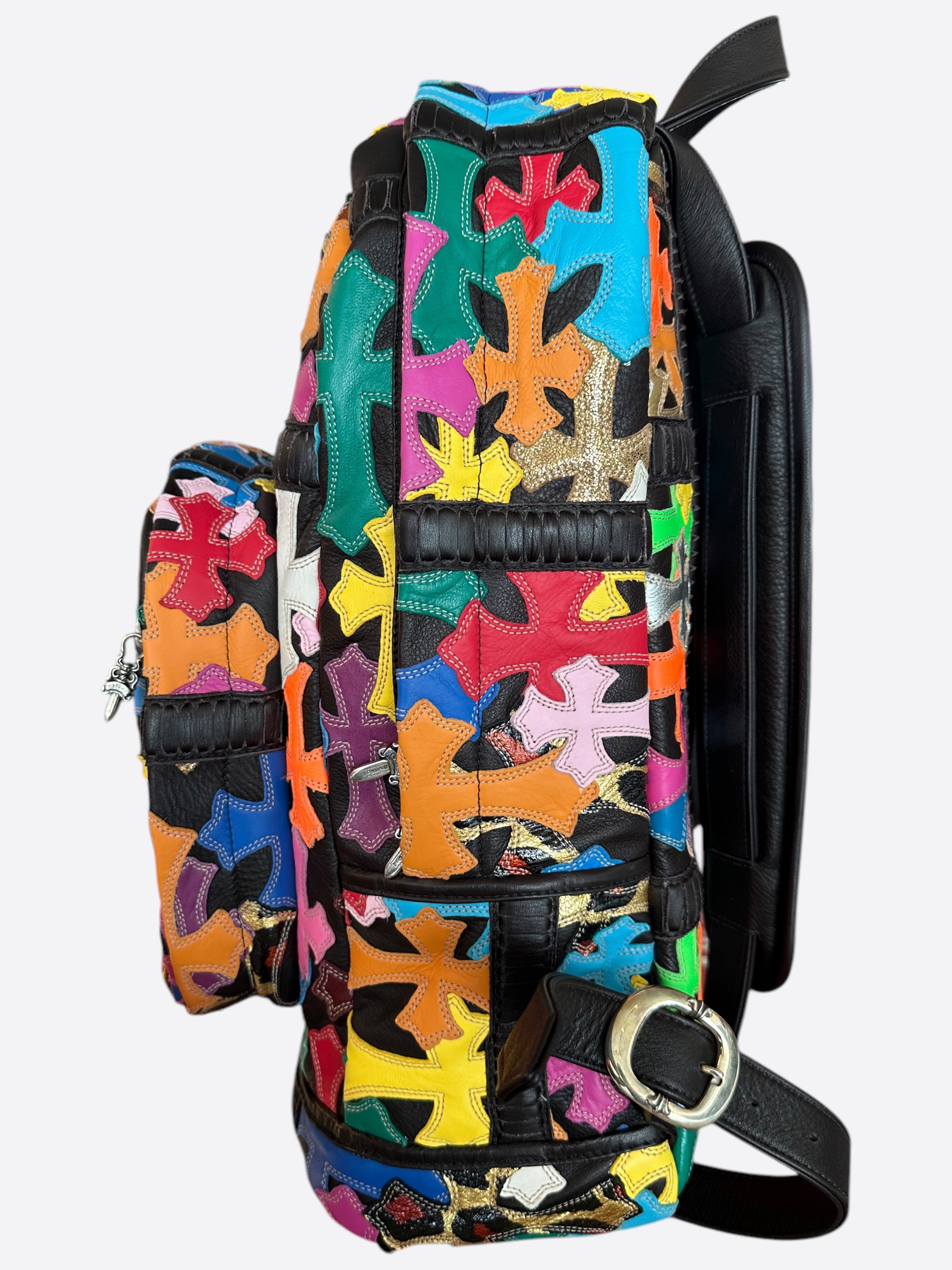 Chrome Hearts Black Multicolor Cross Patch Leather Backpack for Women & Men - Stylish Gothic Fashion Accessory for Travel, School & Everyday Use