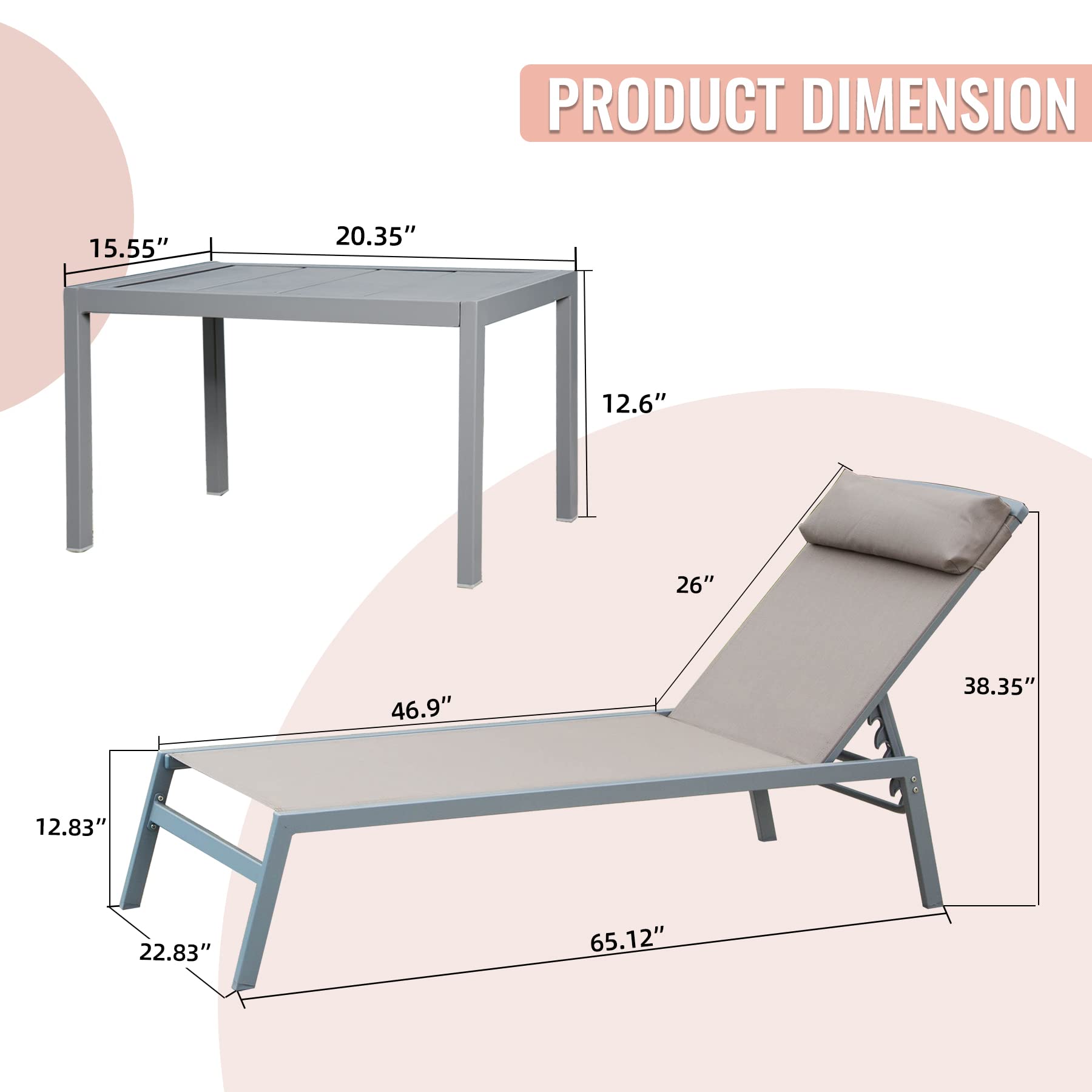 Domi Patio Chaise Lounge Set of 3 - Adjustable Aluminum Outdoor Lounge Chairs with 5 Positions for Poolside, Deck, Garden & Backyard - Perfect for Sunbathing & Relaxing - Khaki Color