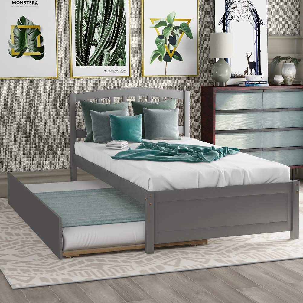 Modern Twin Size Wood Platform Bed with Roll Out Trundle - Sturdy Wooden Slats Support, Headboard Included - No Box Spring Needed - Space Saving Bed Frame for Small Bedrooms (Gray) | Perfect for Guest Rooms, Kids' Rooms & Studio Apartments