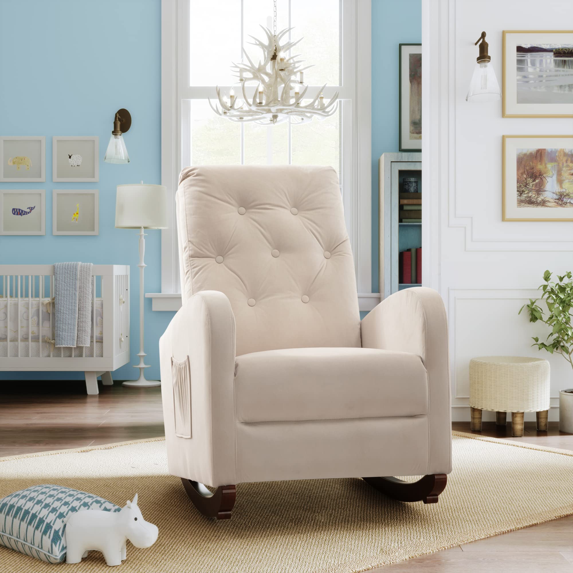 **Modern Rocking Chair Nursery Glider Recliner - High Back Cushion & Pocket - Comfortable Accent Chair for Baby Nursery, Kids Room & Living Room - Beige - Perfect for Breastfeeding, Relaxing & Reading**
