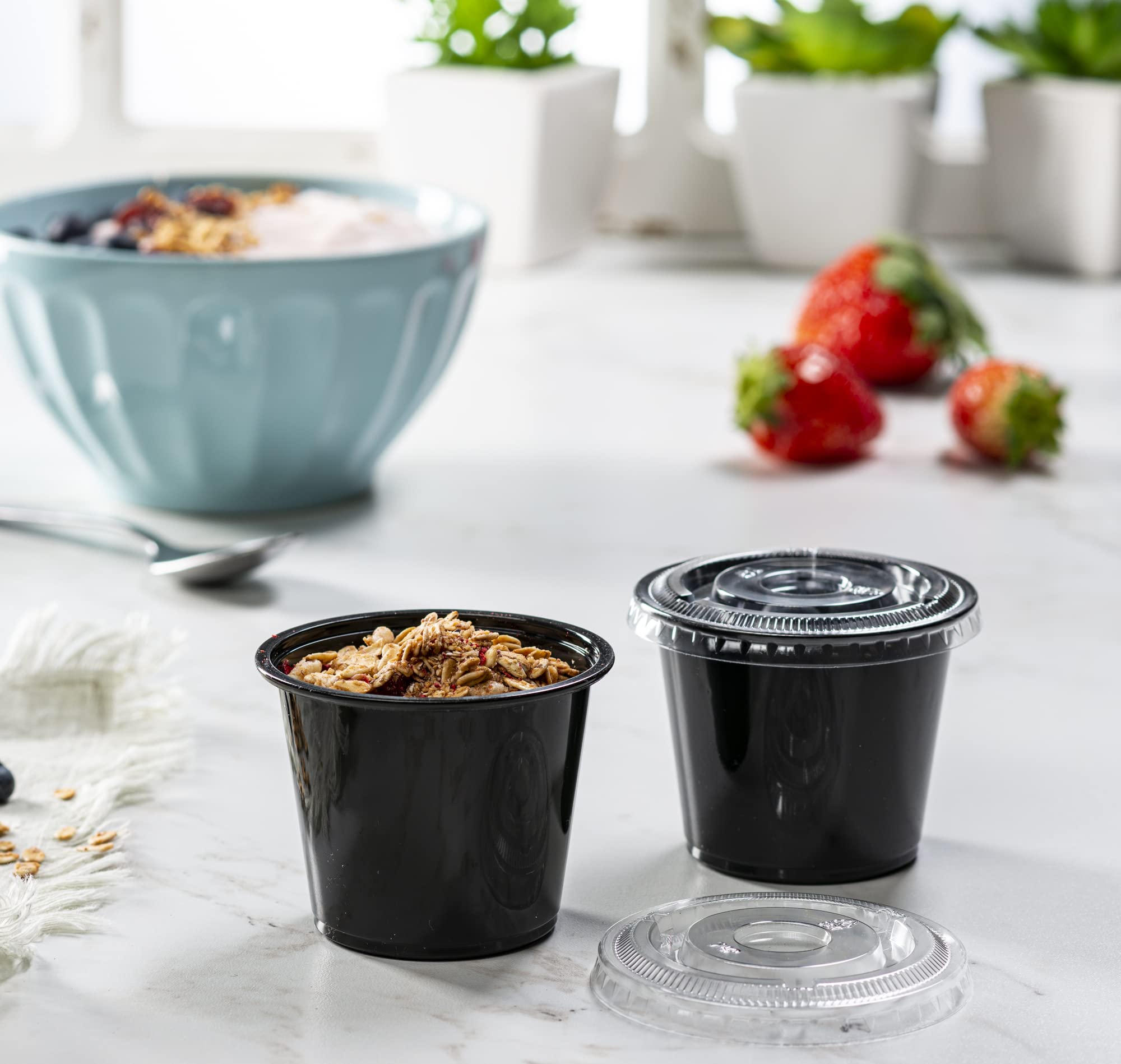 (5 oz - 100 Sets) Black Disposable Plastic Portion Cups with Lids - Small Mini Containers for Portion Control, Jello Shots, Meal Prep, Sauce, Condiments, Medicine | Ideal for Parties, Catering, Restaurants & Home Use