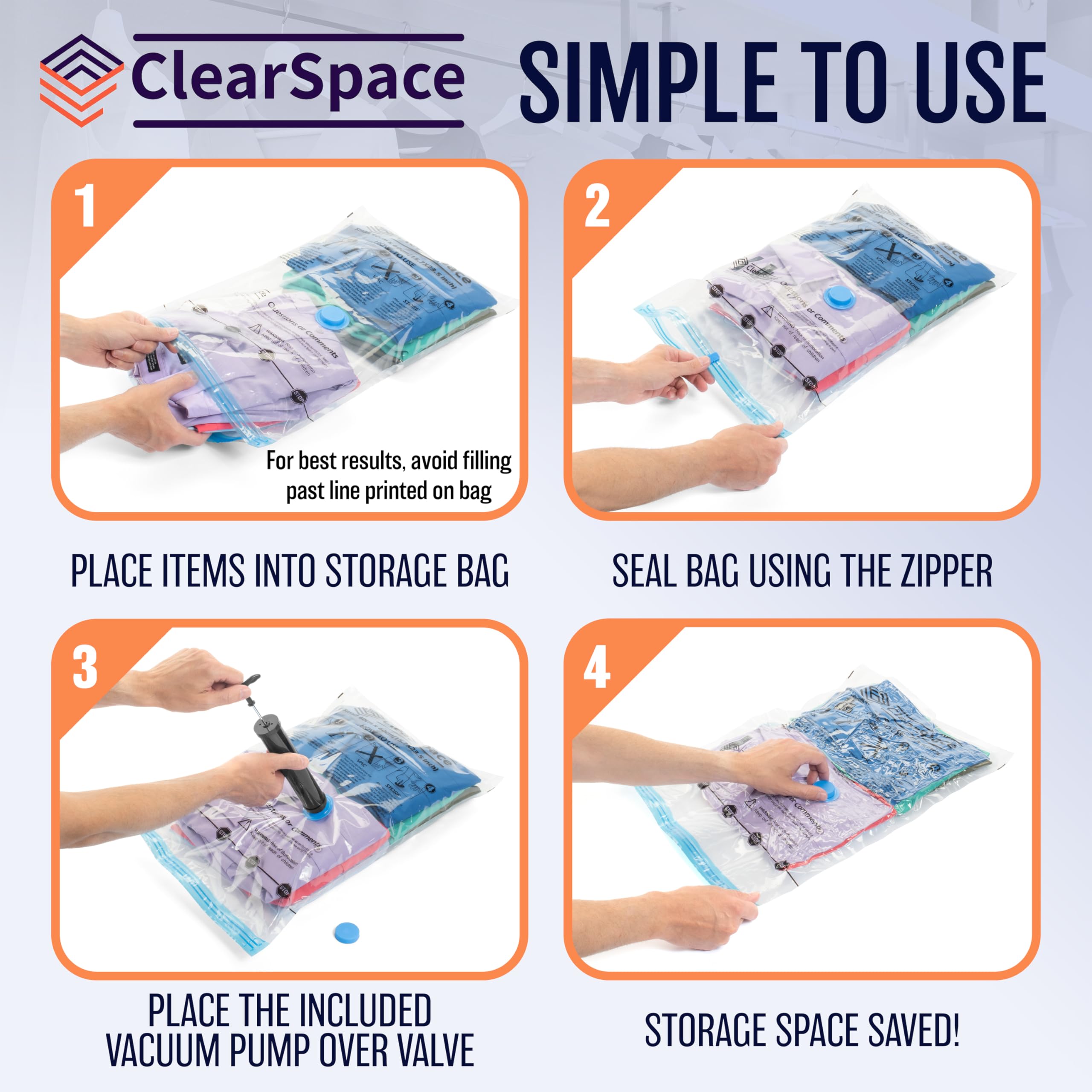 ClearSpace Vacuum Seal Storage Bags - 10 Large Space Saver Bags for Clothes, Blankets & Seasonal Items | Includes Hand Pump | Perfect for Closet Organization, Travel Packing & Home Storage
