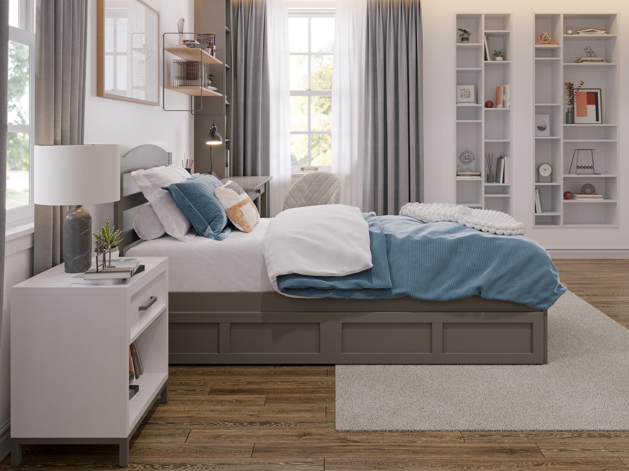 AFI Warren Twin XL Platform Bed Frame with 2 Storage Drawers & Built-in USB Charger - Space Saving Grey Bed for Small Rooms, Dorm & Guest Bedroom