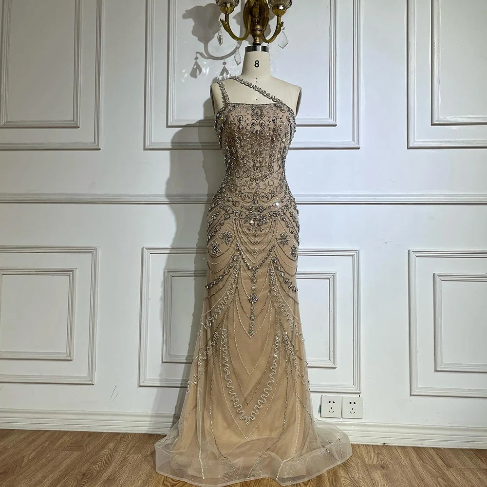 Elegant Nude One Shoulder Beaded Evening Dress - Luxury Dubai Style Formal Gown LA72791 for Prom, Wedding & Red Carpet Events