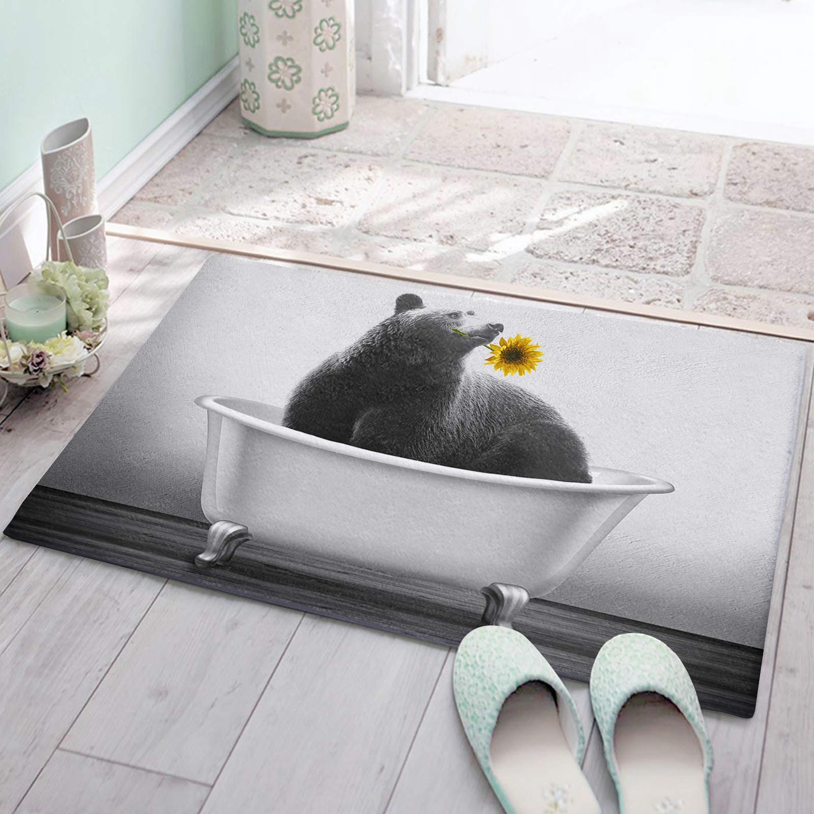 Funny Black Bear with Sunflower Bathroom Rug - Soft Plush Microfiber Non-Slip Floor Mat, Machine Washable & Highly Absorbent - Perfect for Bathroom, Bathtub, Shower, and Bedroom Decor