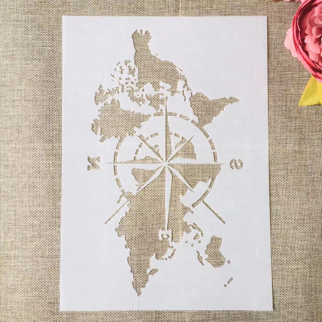 Reusable A4 29cm World Map & Compass Stencil Set - DIY Painting Templates for Scrapbooking, Furniture, Wall & Floor Decor - Perfect for Home, Office & Classroom Projects
