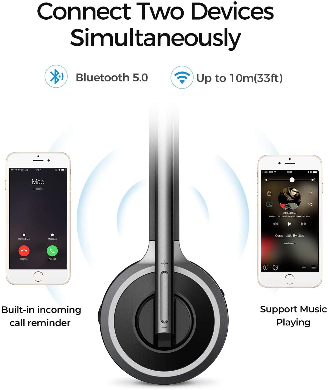Mpow M5 Bluetooth Headset for Truck Drivers - Noise Cancelling Wireless Headphones with Microphone for Long Haul Driving, Hands-Free Calls & GPS Navigation